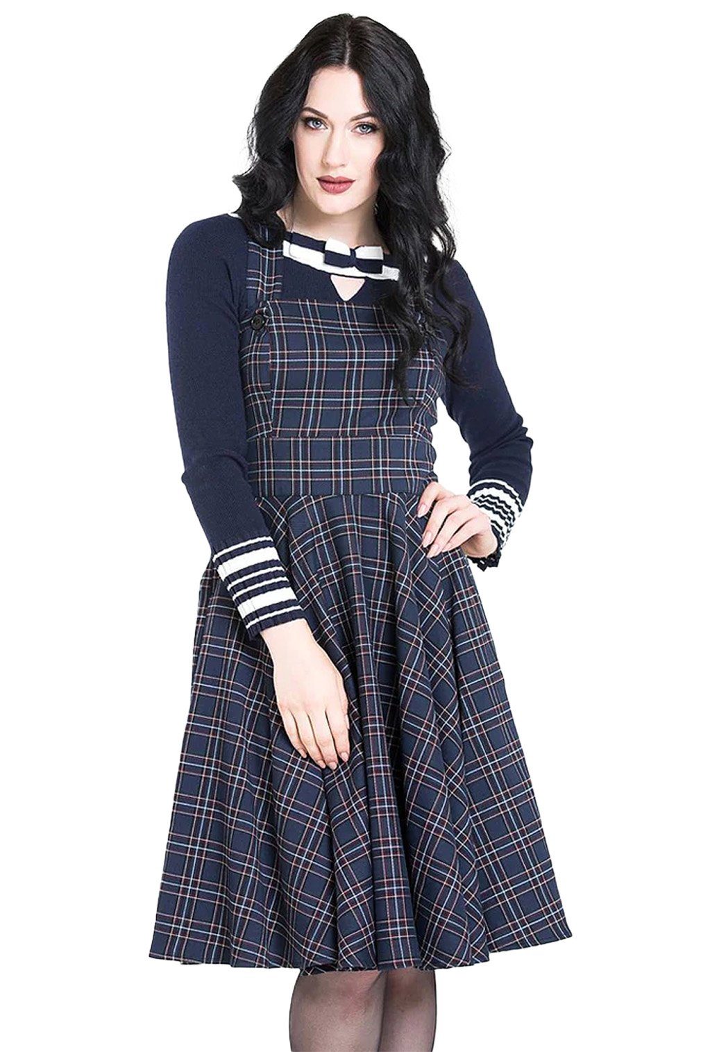 Hell Bunny A-Linien-Kleid Peebles Pinafore Dress Tartan Blau Retro Vintage Schürzenkleid Latzrock