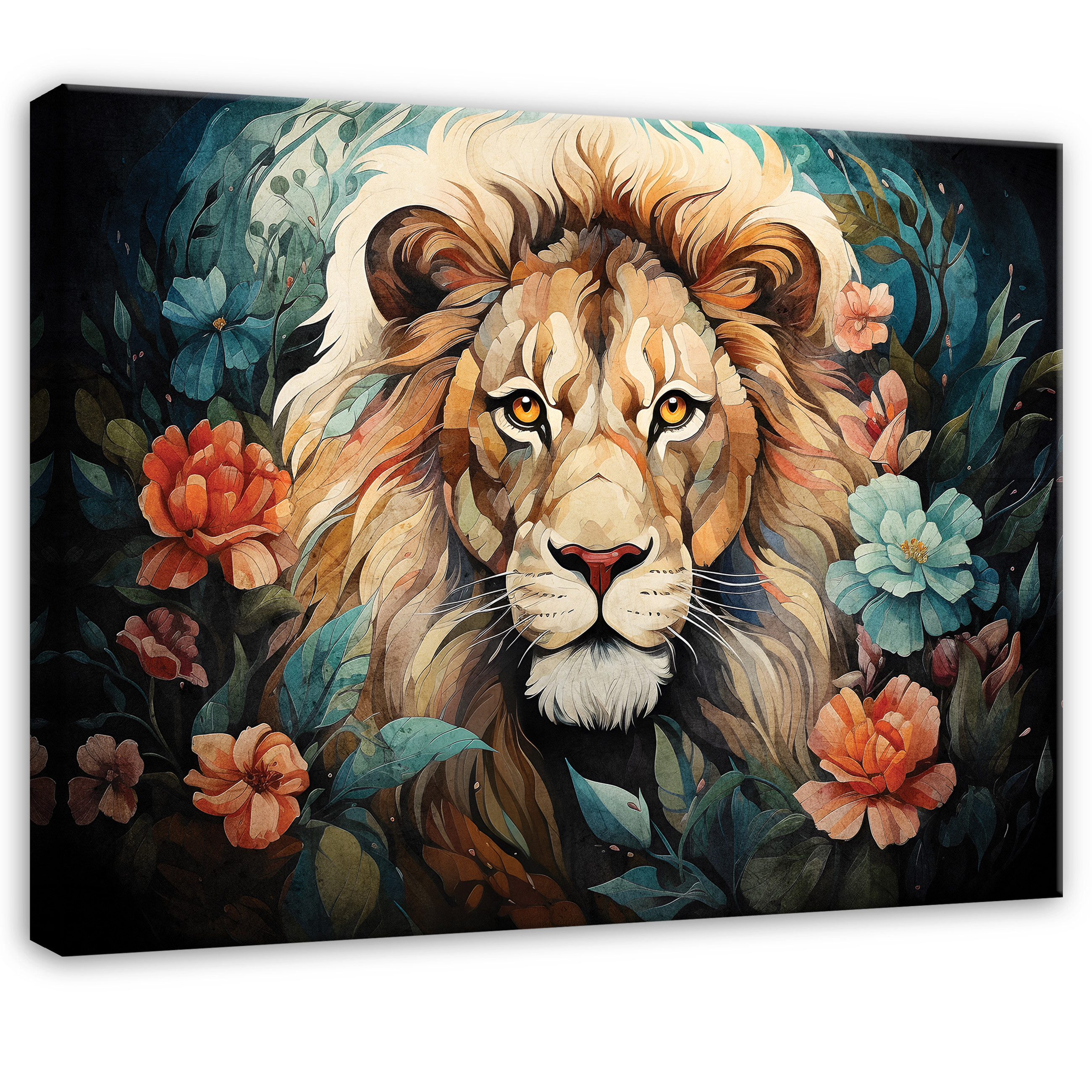 Wallarena Leinwandbild Kinderzimmer Löwe Natur Blumen Rot Wandbilder Wand Deko XXL Bilder, Löwe (groß Bilder Wohnzimmer Schlafzimmer Einteilig, 1 St), Bilder Klein Wohnzimmer Schlafzimmer Küche Wandbild Wand Deko 40x30