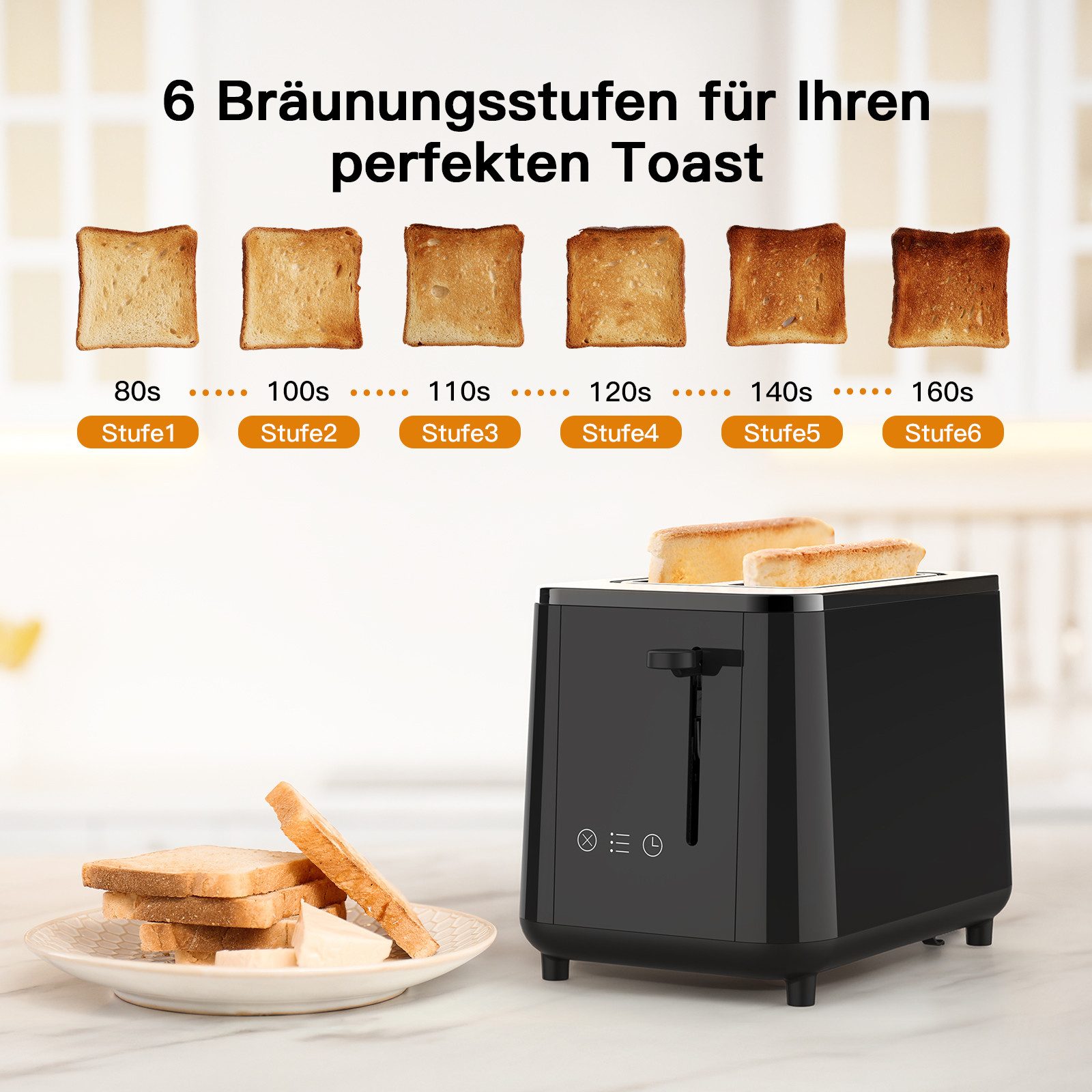 AECO Toaster toastlab PRO ToasterTouch Display, Zwei extra große Toastschlitze, für 2 Scheiben, 950 W, Zwei Toastschlitze,LED Touch-Buttons,6 Bräunungsstufen
