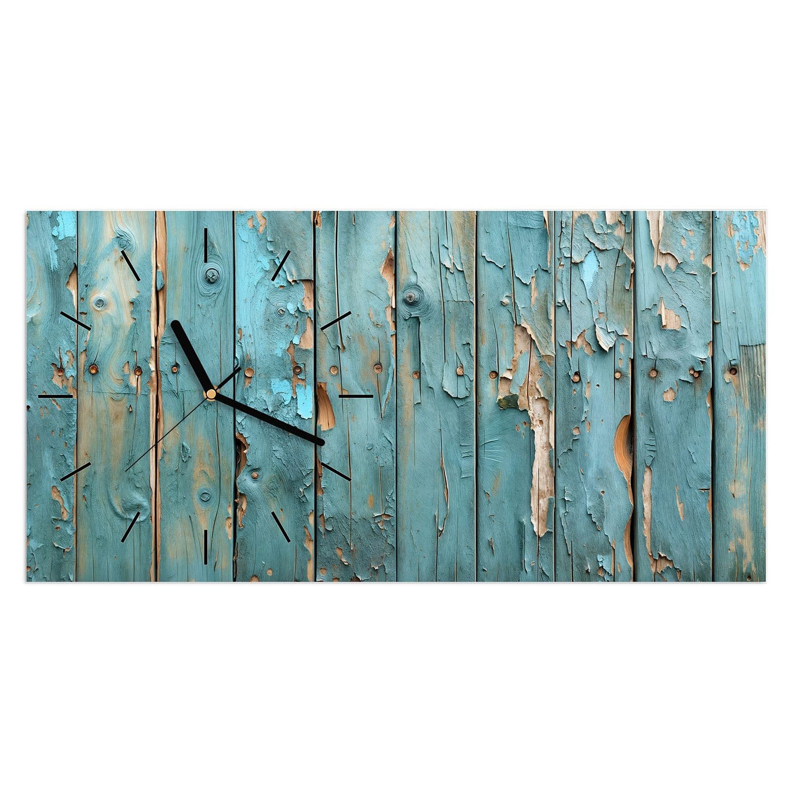 Wanduhr Glasuhr Wandkunst Größe 60 x 30 cm mit Motiv Abblätternde Holzplanken