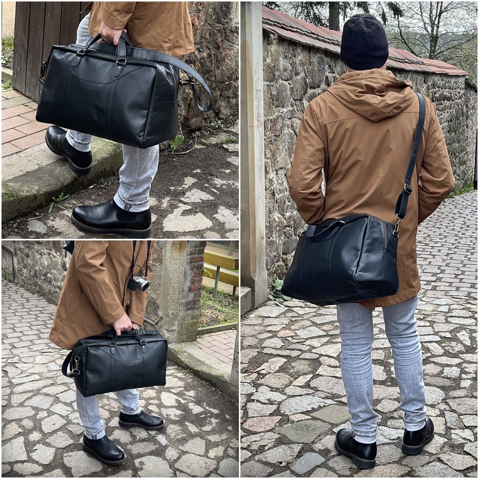 LECONI Weekender kleine Reisetasche Damen & Herren Sporttasche Handgepäck Leder LE2009, Gewachstes Rindsleder – abnehmbarer Schulterriemen – 45×25×20 cm