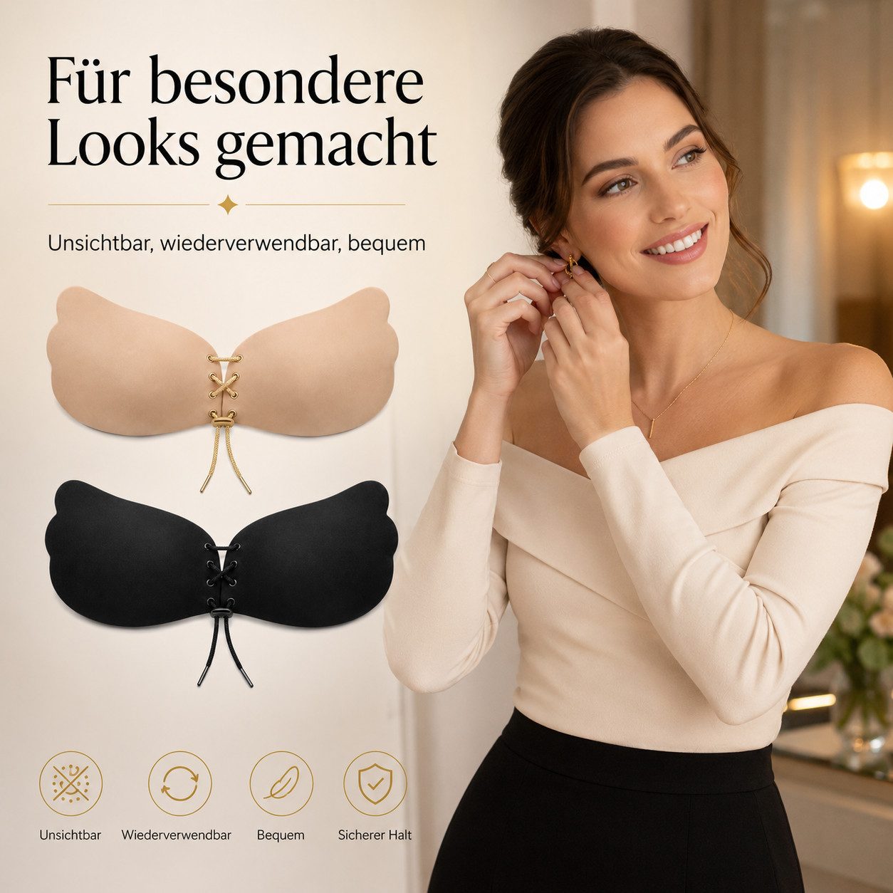 Diyarts Set: Push-up-BH (2× selbstklebender Push-Up-BH (1× beige, 1× schwarz) Trägerlos & rückenfrei – unsichtbar unter jedem Outfit – Bild 4 von 5