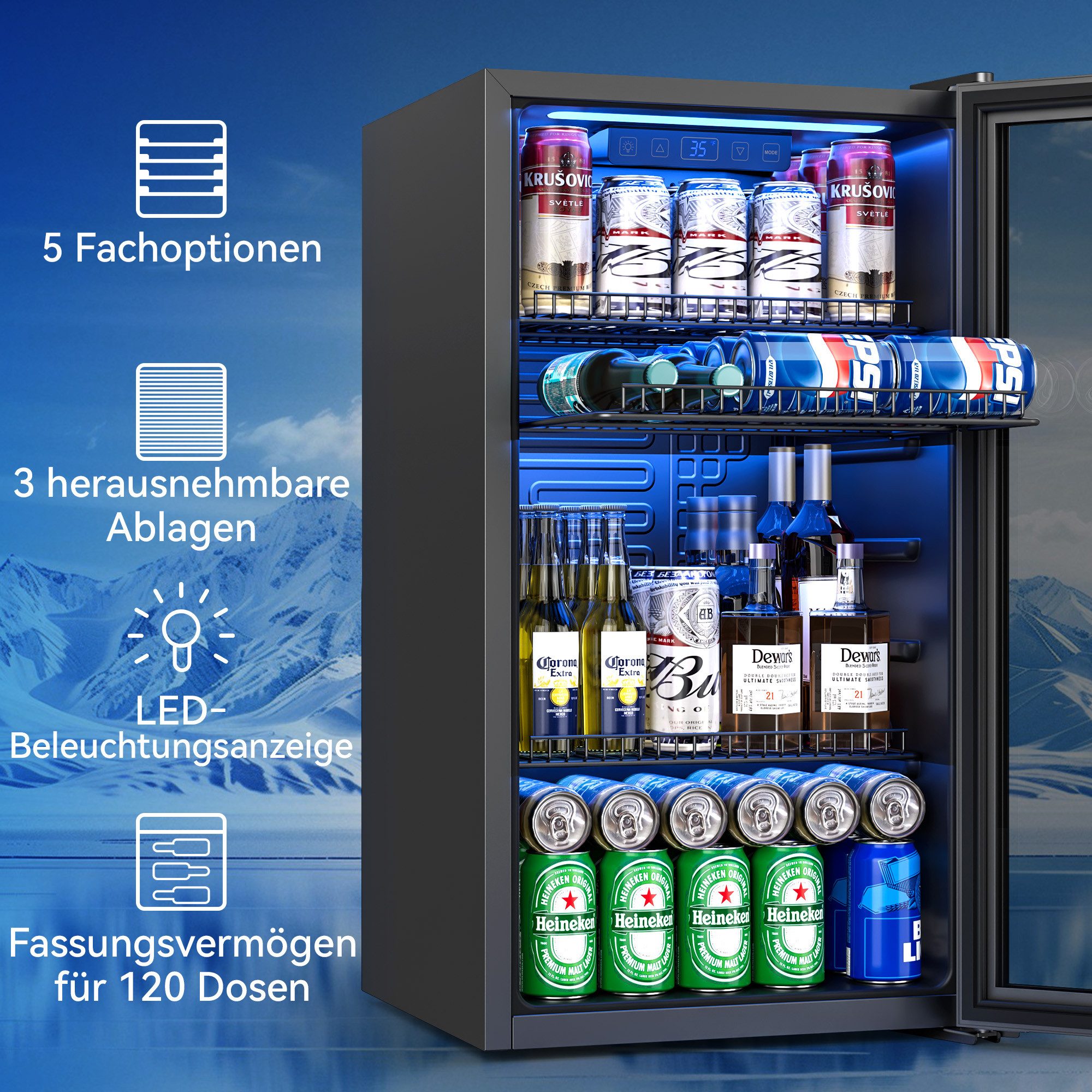 Furnicopia Getränkekühlschrank 89L,Doppelverglasung, LED-Beleuchtung, geräuscharm für Bar & Haushalt KVC-90, Digitale LED-Touchscreen-Bedienung,höhenverstellbare Füße und Ablagen.