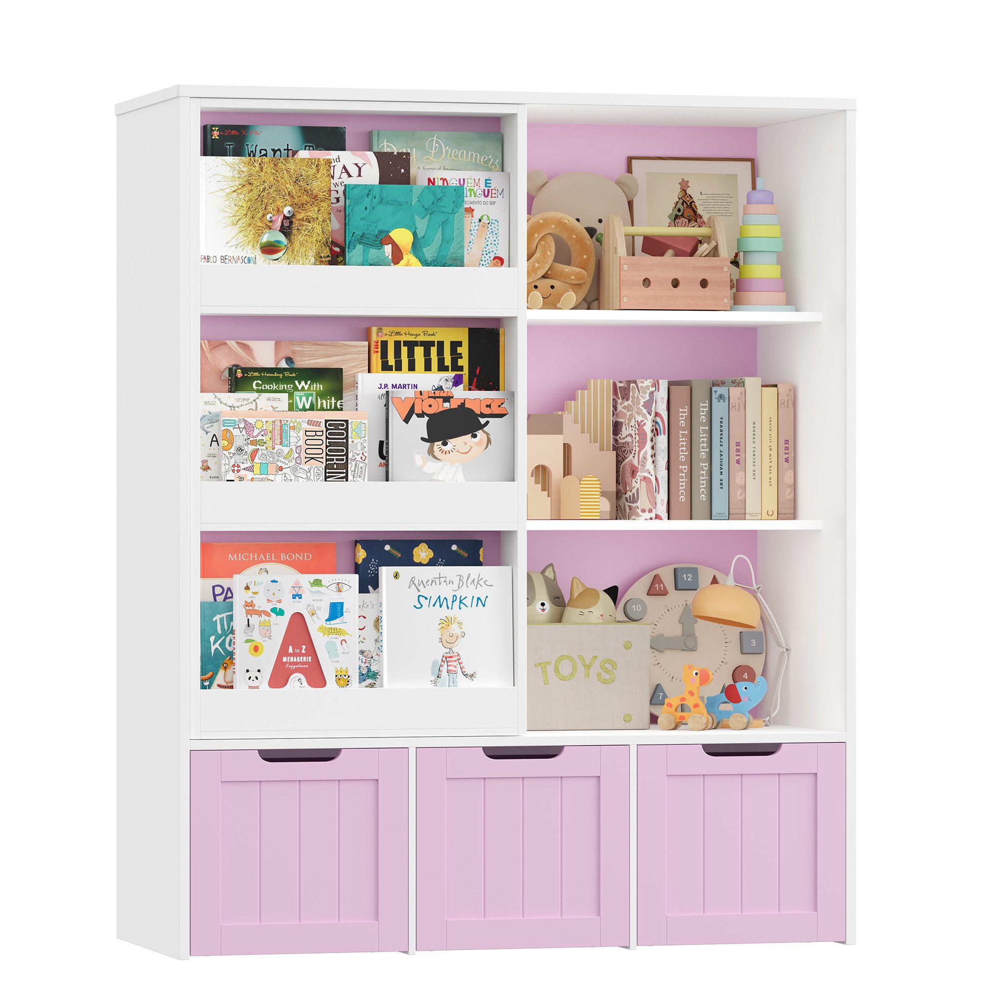 Homfa Kinderregal mit Bücherregal Kinderschrank mit 3 Spielzeugkisten auf Rollen, Spielzeugregal mit 6 offenen Fächern Spielzeugtruhe 120x100x37cm