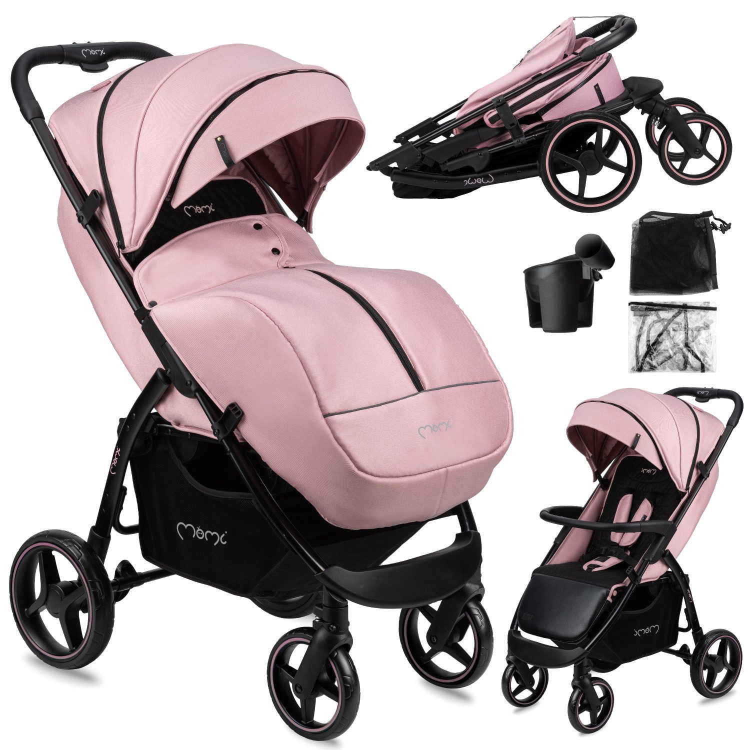MoMi Kinder-Buggy Miya, (Kinderwagen-Set), Einhand-Faltsystem, große EVA-Räder & XXL-Verdeck
