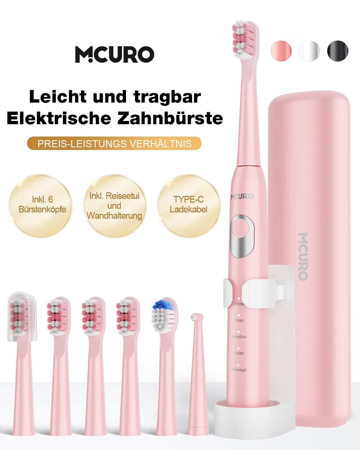 MCURO Elektrische Zahnbürste Schallzahnbürste für Zahnpflege 40000 VPM, 5 Putzmodi, Aufsteckbürsten: 6 St., Reise Zahnbürsten,Timer,TYPE-C aufladbar