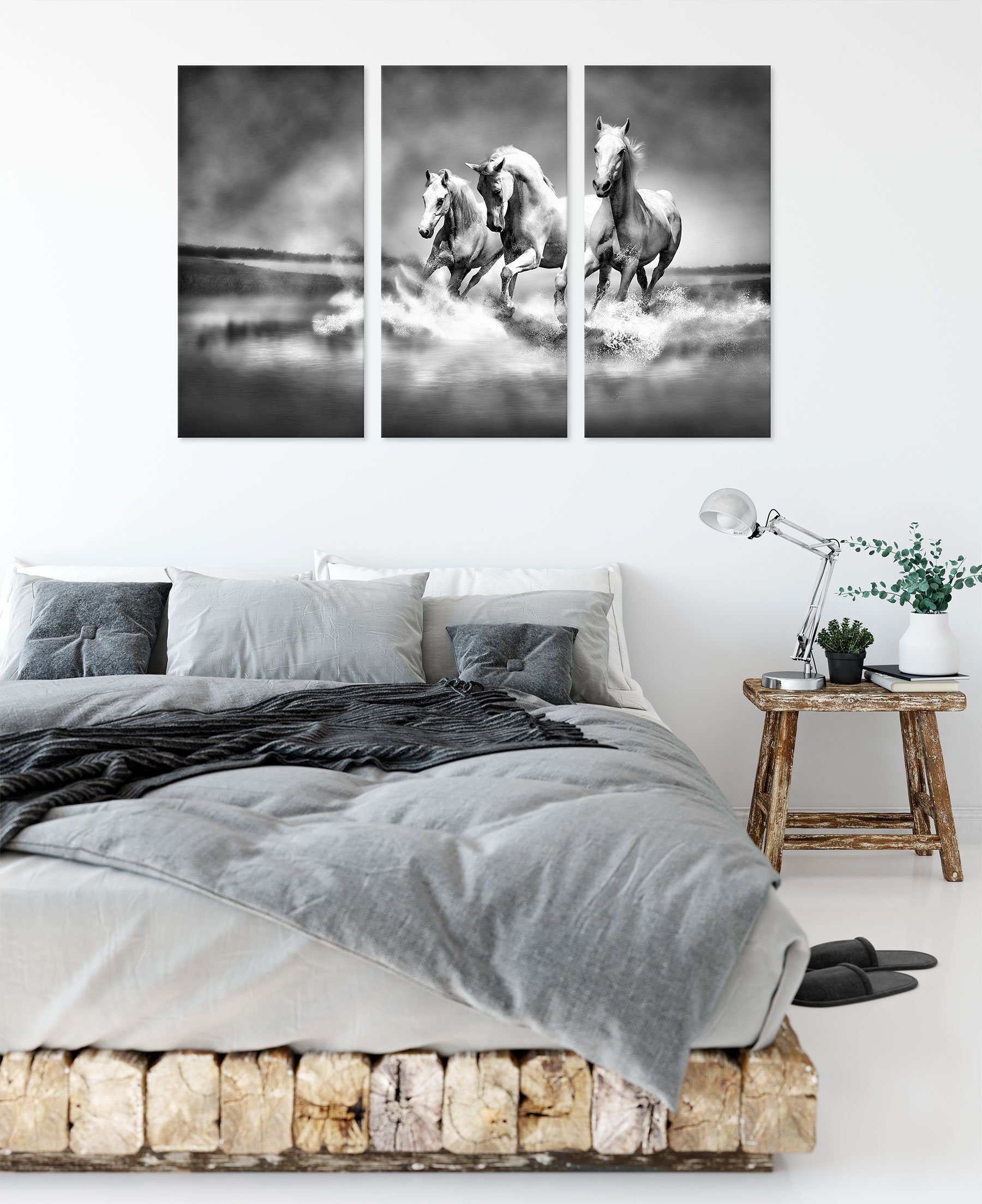 Pixxprint Leinwandbild Pferde rennen Zackenaufhänger bespannt, Wasser (1 (120x80cm) 3Teiler fertig Leinwandbild inkl. Wasser, Pferde St), rennen im im