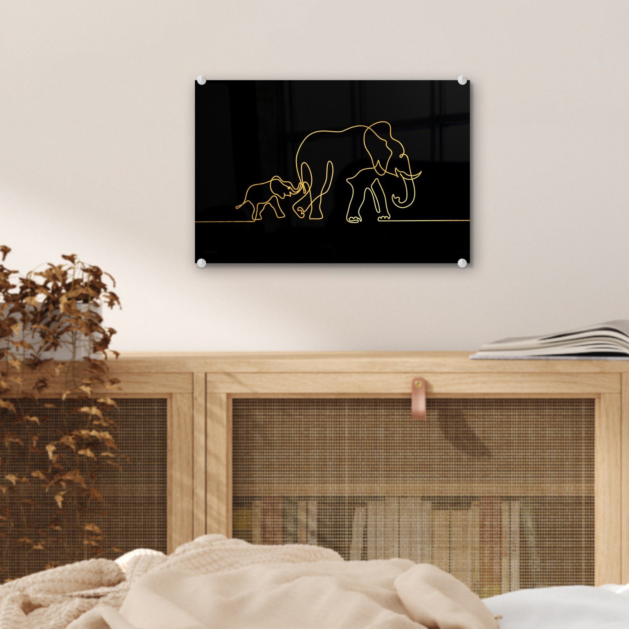 MuchoWow Acrylglasbild Elefant - - auf Bilder Glasbilder - Glas Foto St), Wandbild Minimalismus, - auf - Wanddekoration Schwarz (1 Gold Glas 