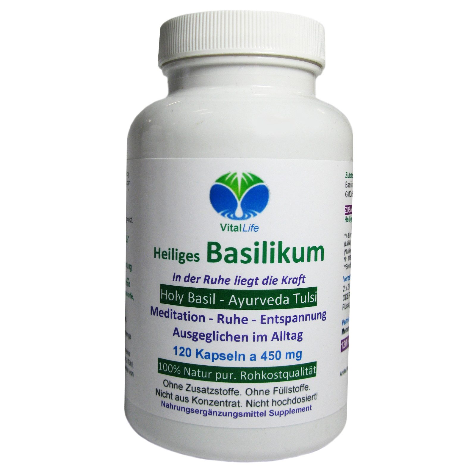 VitalLife Tulsi indisches Basilikum (Holy Basil) pur Ayurveda ohne Zusatzstoffe Kapseln, 1 er Dose à 120 St., 54 g, Art. 26700-120