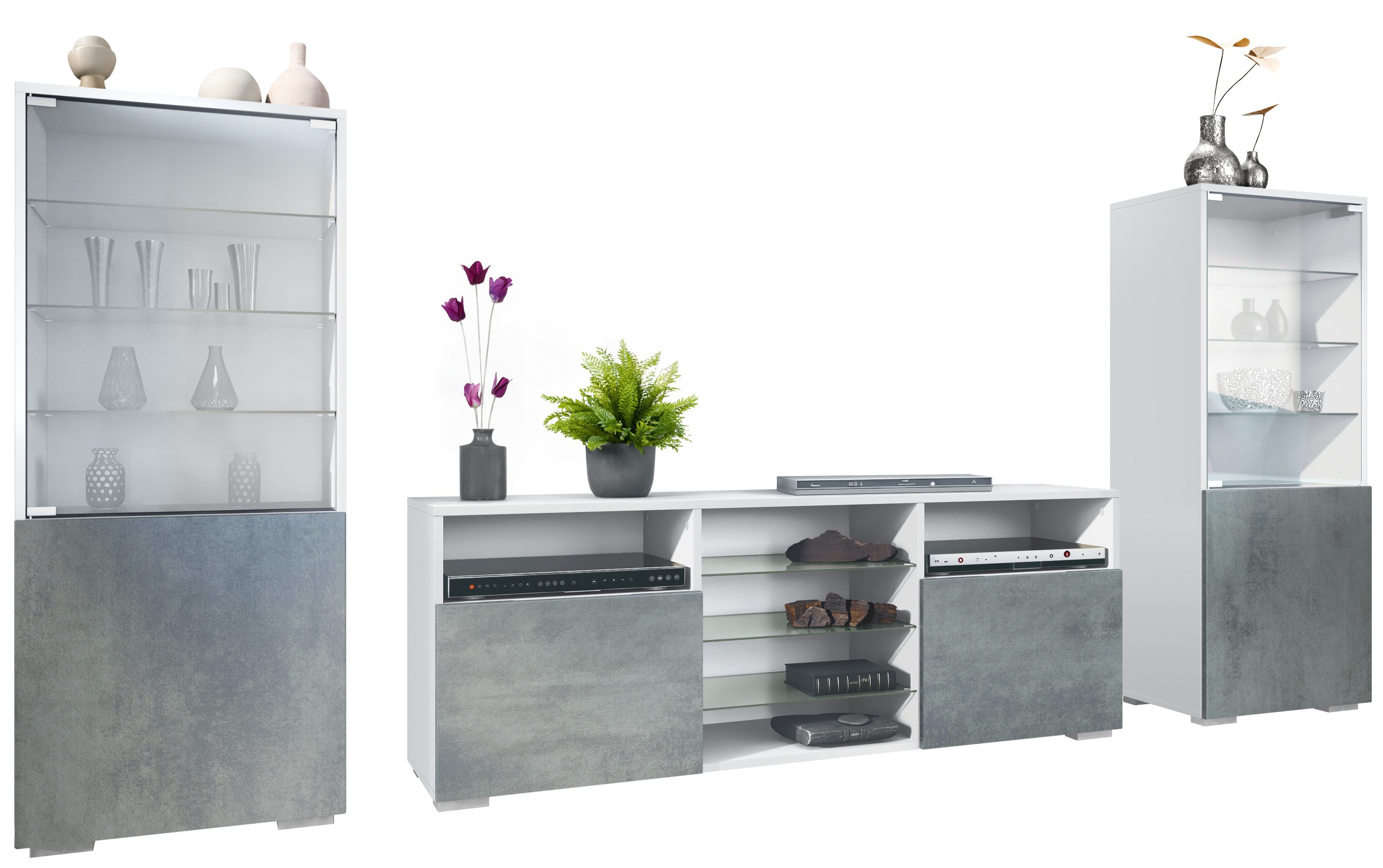 Vladon Wohnwand Granada, (Anbauwand, bestehend aus 2 Vitrinen und 1 TV-Board), Weiß matt/Beton Dunkel Optik (286 x 122,5 x 35 cm)