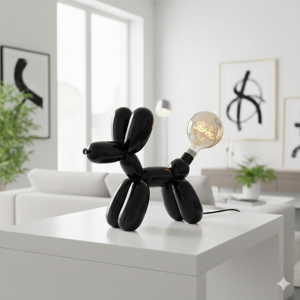 GILDE Schreibtischlampe Tischleuchte Ballonhund Elio in Weiß oder Schwarz mit LED Schriftzug, LED wechselbar