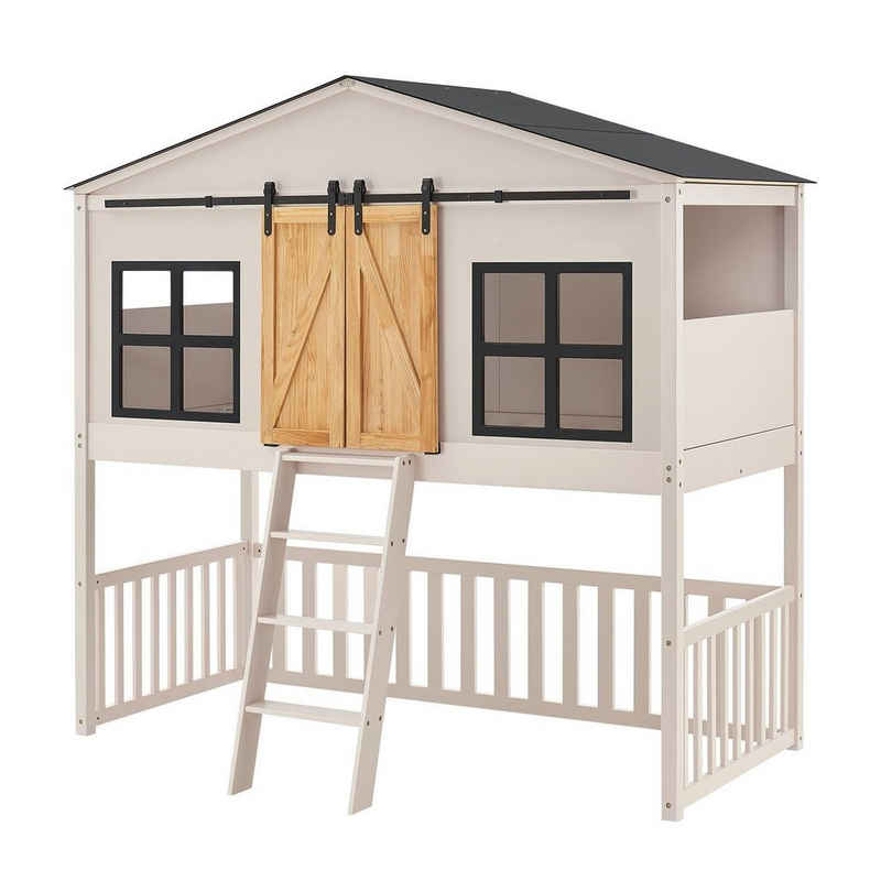 Juskys Kinderbett »Farmhaus«, Hochbett im Farmhaus-Stil 90x200 cm aus Holz, Hausbett mit Treppe