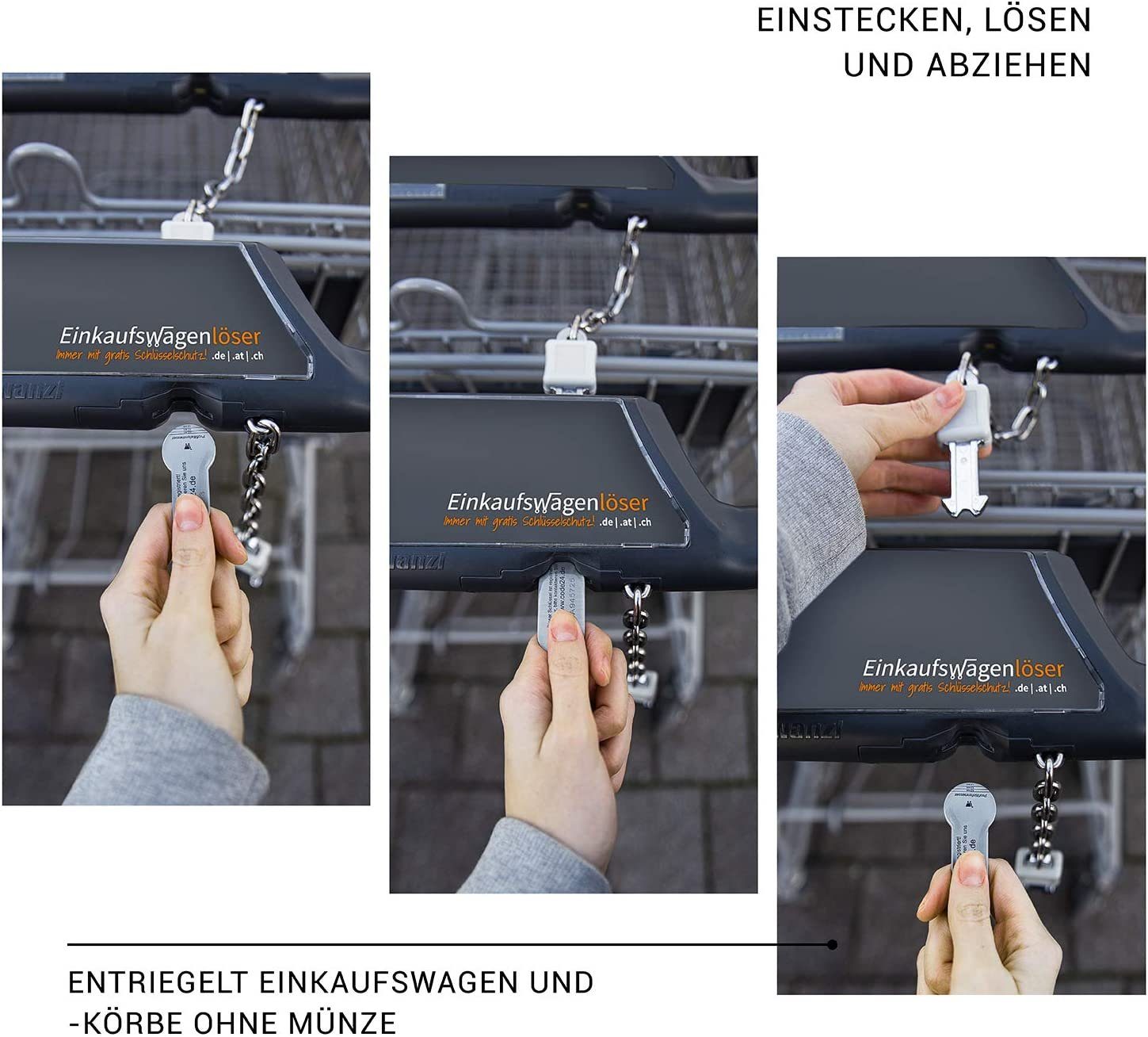 Einkaufswagenlöser Schlüsselanhänger 3er Set Münze Schwarz (3-tlg), Inkl.  Schlüsselfinder, Sofort abziehbar