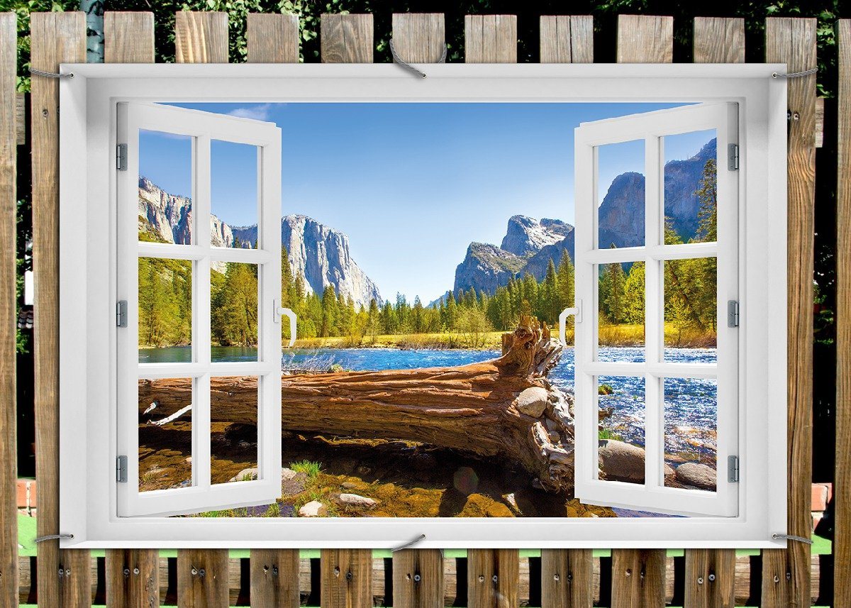 Thumbnail - Wallario Sichtschutzzaunmatten Baumstamm im Fluss zwischen Bergen und Wäldern, mit Fenster-Illusion