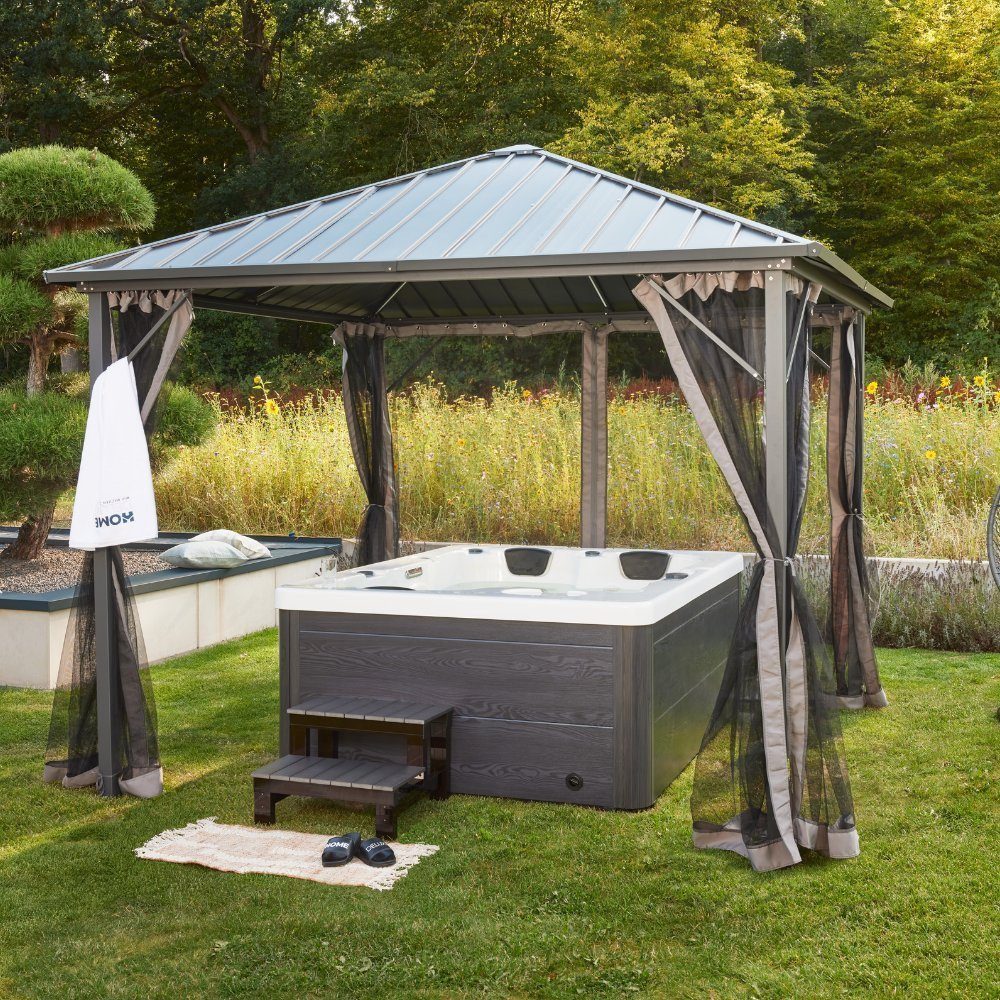 HOME DELUXE Whirlpool Outdoor Whirlpool WHITE MARBLE, (Inkl. Heizung, 27 Massagedüsen und 9 Lichtquellen, 3-tlg), inkl. Abdeckung & Treppe, 210 x 160 x 85 cm - Inkl. 27 Massagedüsen