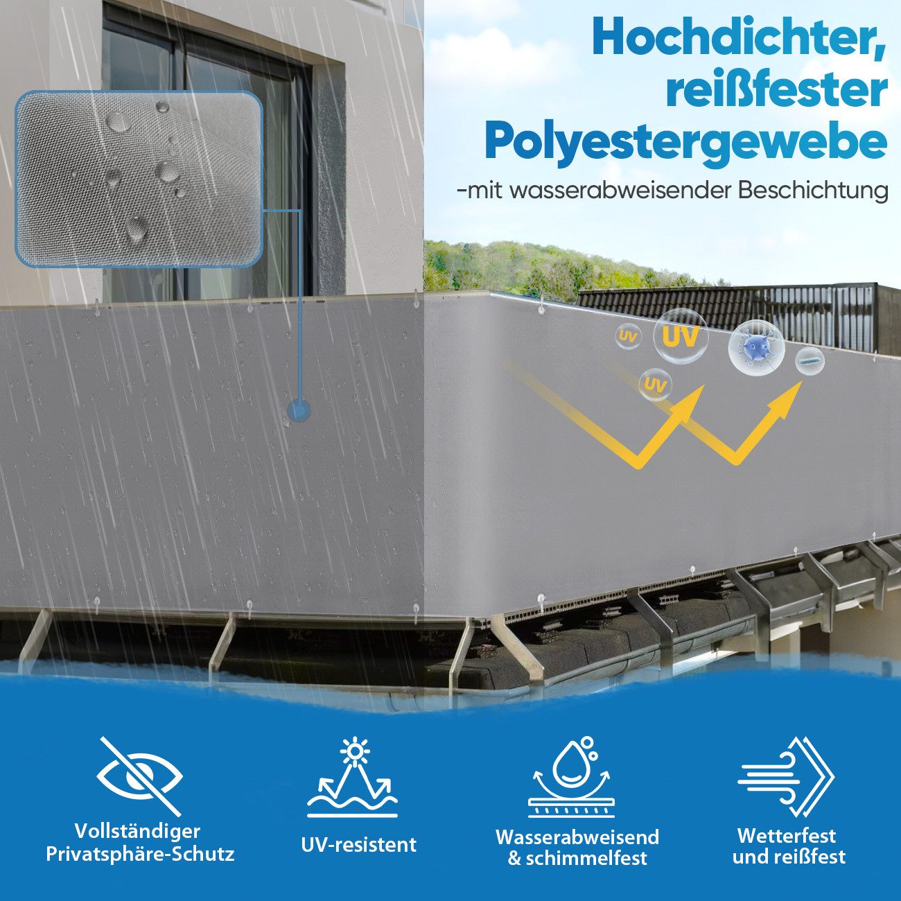 Sekey Balkonsichtschutz PES Balkon Sichtschutz Blickdichte Wetterfest Sonnenschutz, Hellgrau Balkonabdeckung für Garten, mit Metalösen, Kabelbinder und Seil