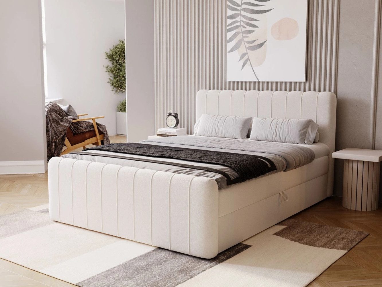 GrainGold Boxspringbett mit Bettkästen OSTENO, Modern Bett mit Kopfteil - 140x200 cm, Creme (1x Bett + 1x Topper)