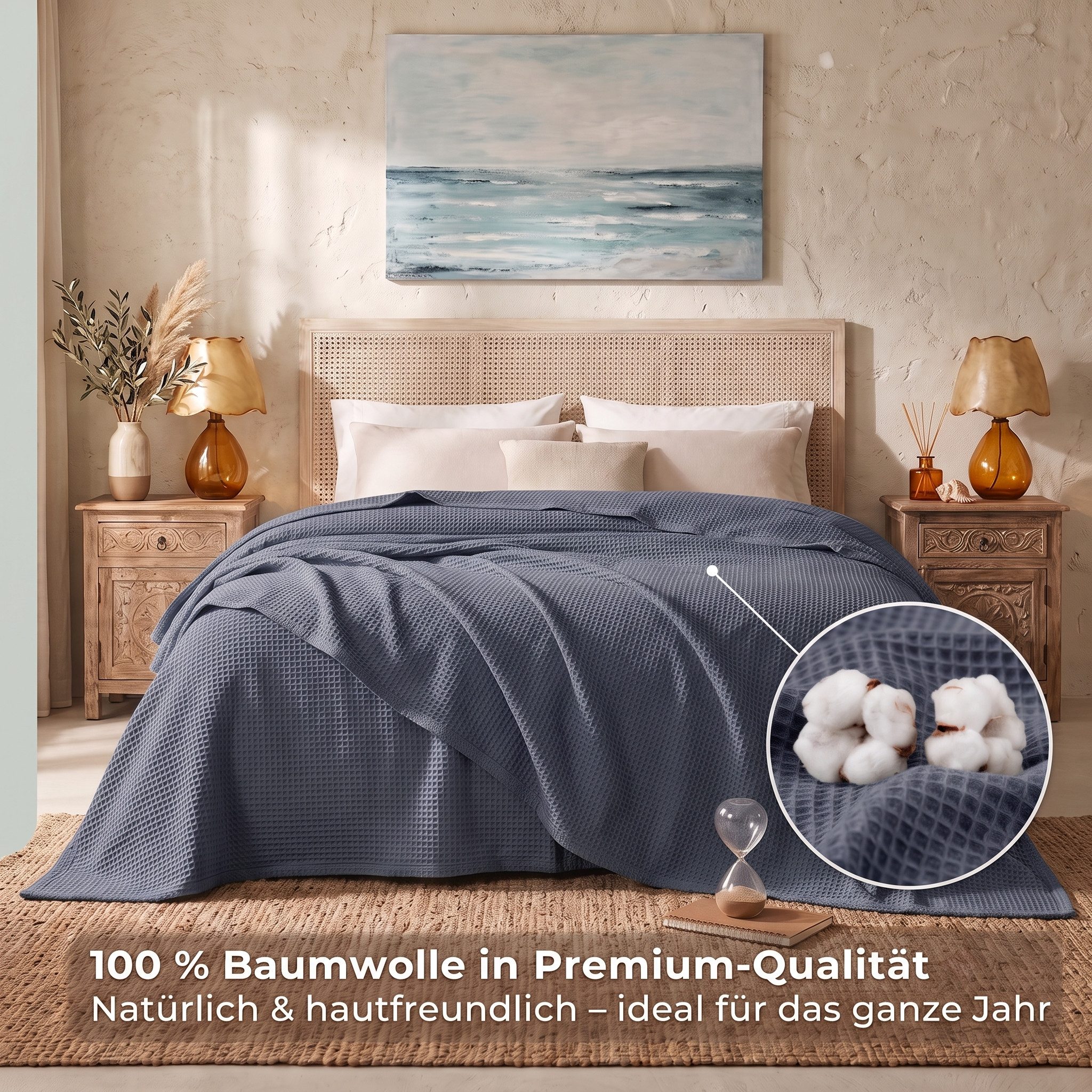 herémood Tagesdecke aus 100% Baumwolle – Wohndecke Elegante Waffelpique Kuscheldecke, für Sofa & Bett, atmungsaktiv & pflegeleicht – 150x200 cm ANTHRAZIT