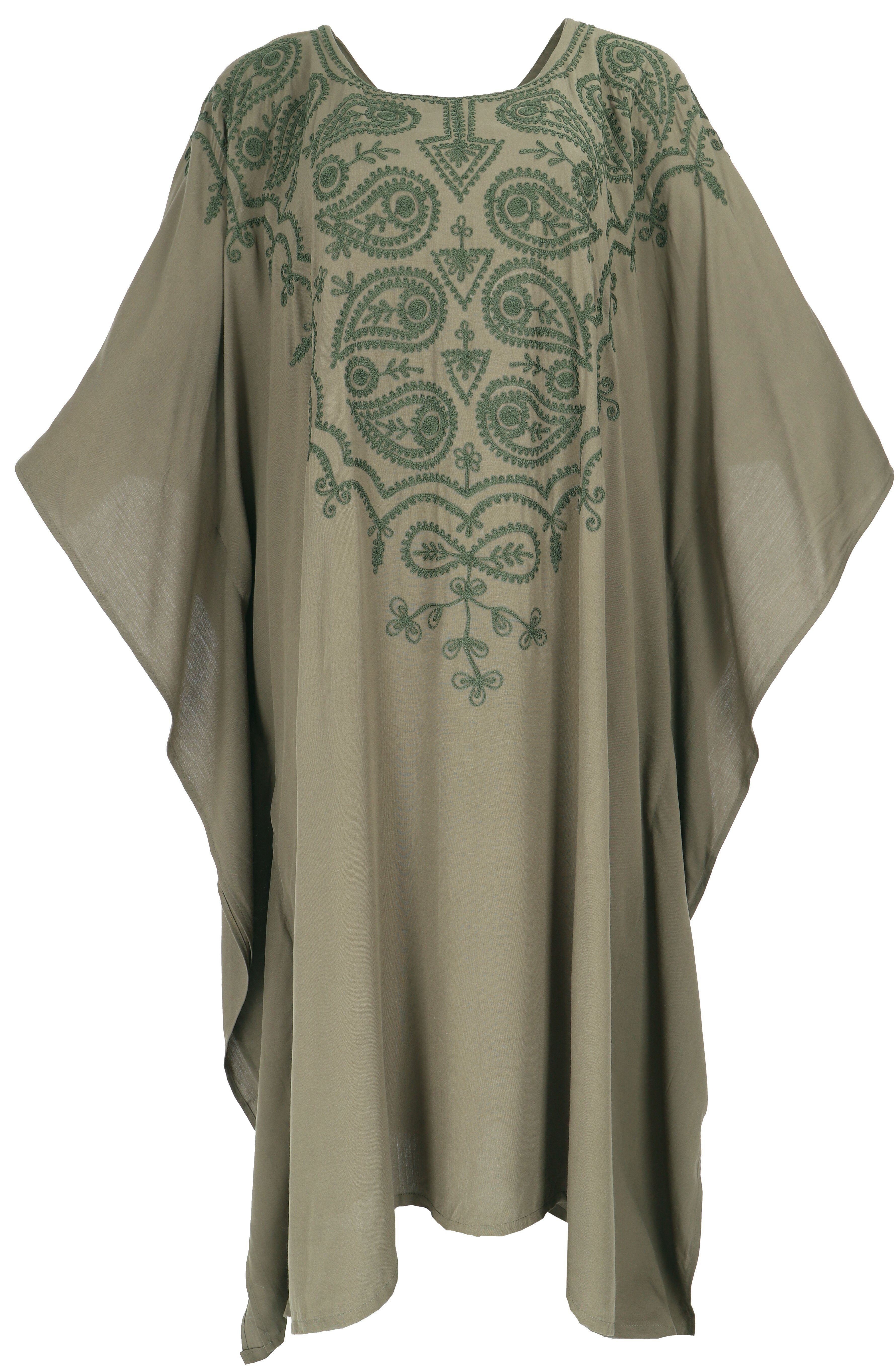 Guru-Shop Midikleid Mittellanger bestickter Kaftan, olivgrün Boho alternative Bekleidung besticktes