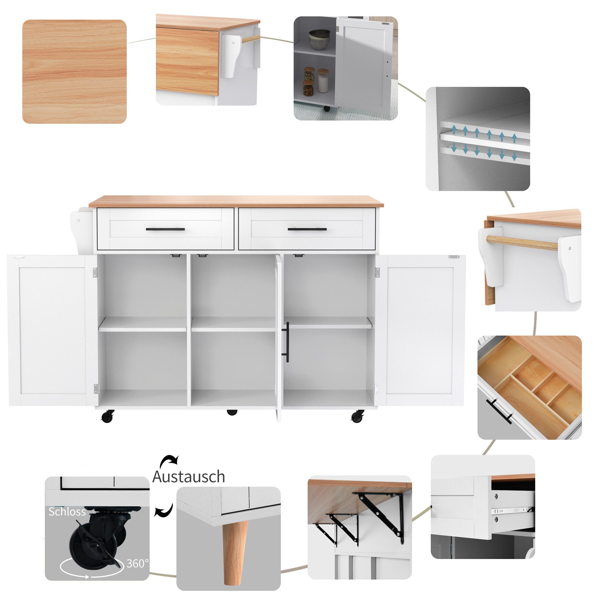 STILVORA Sideboard Esswagen Kücheninsel mit Klapptischplatte,Schubladen,Ablagetür&Rollen (Küchenwagen mit Rollen & Klapptisch, höhenverstellbare Regale, Besteckschubladen., 1 St., 5 Räder, 3 Tür), mit Ausziehbare Arbeitsplatte,Massivholzbeine umschaltbar