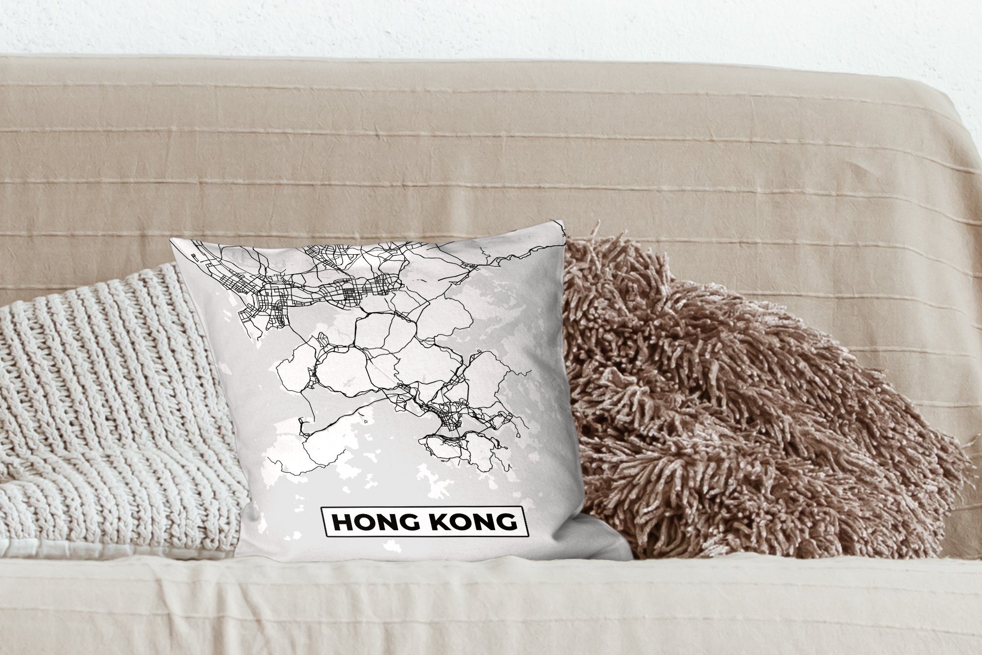MuchoWow Dekokissen Hongkong Füllung für - Wohzimmer, Schlafzimmer, Schwarz und Sofakissen Karte, Stadtplan - weiß mit Zierkissen - Deko