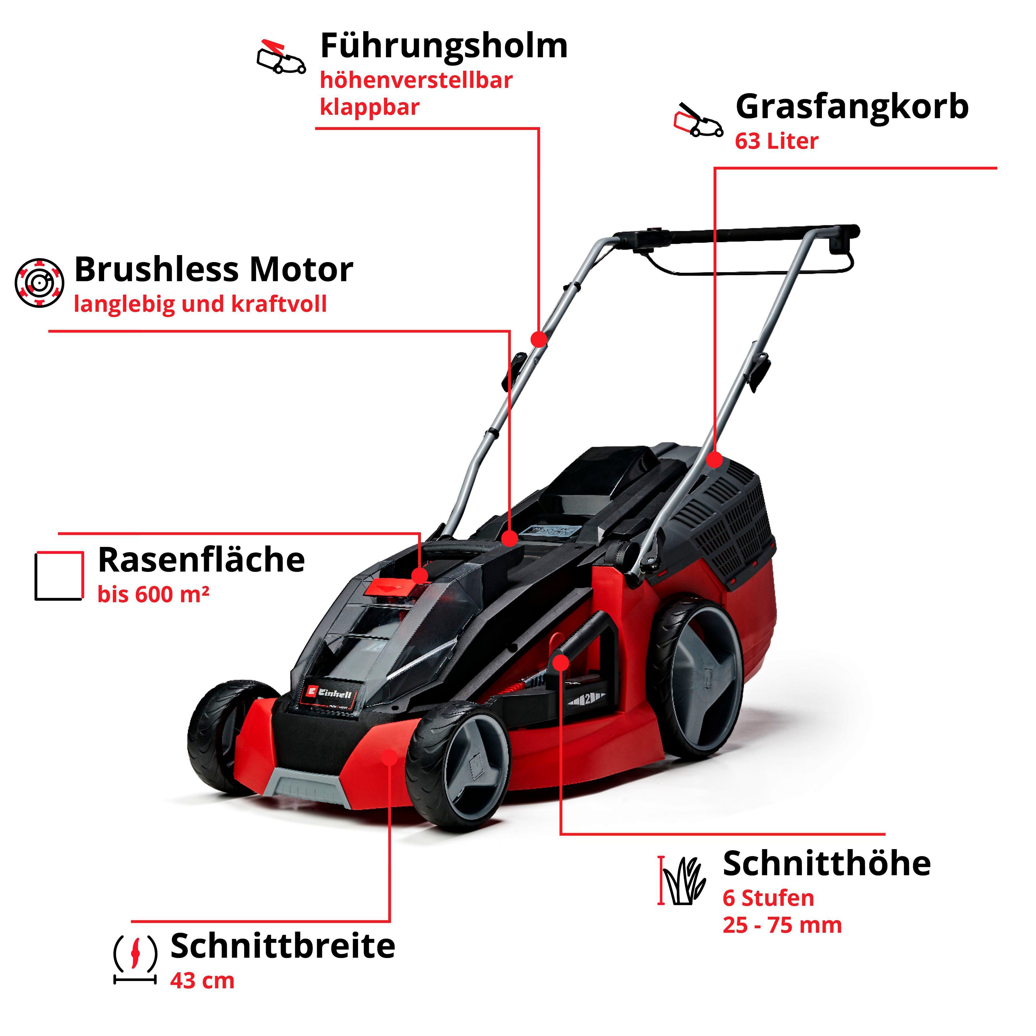 Einhell Akkurasenmäher GECM 43 Li M Kit (2x4,0Ah), 43 cm Schnittbreite