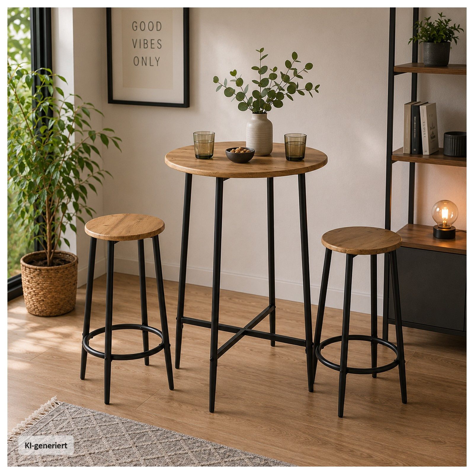HTI-Living Bargruppe Bartisch rund mit 2 Hockern Elias Artisaneiche, (Set, 3-tlg., 1 Bartisch, 2 Barhocker), 3-teilige Tischgruppe für Küche, offenen Wohnbereich und Bistro