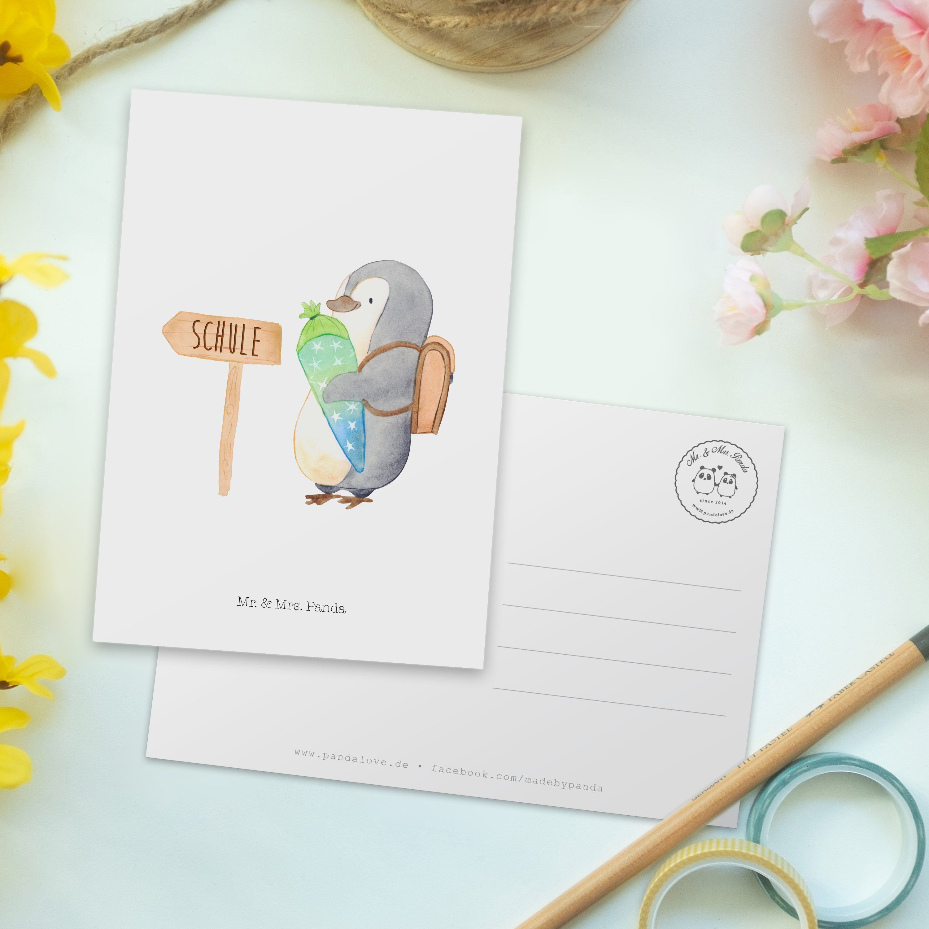 Schultüte & Postkarte - Einlad Panda Ansichtskarte, Weiß Mrs. Geschenk, 1. Mr. - Klasse, Pinguin