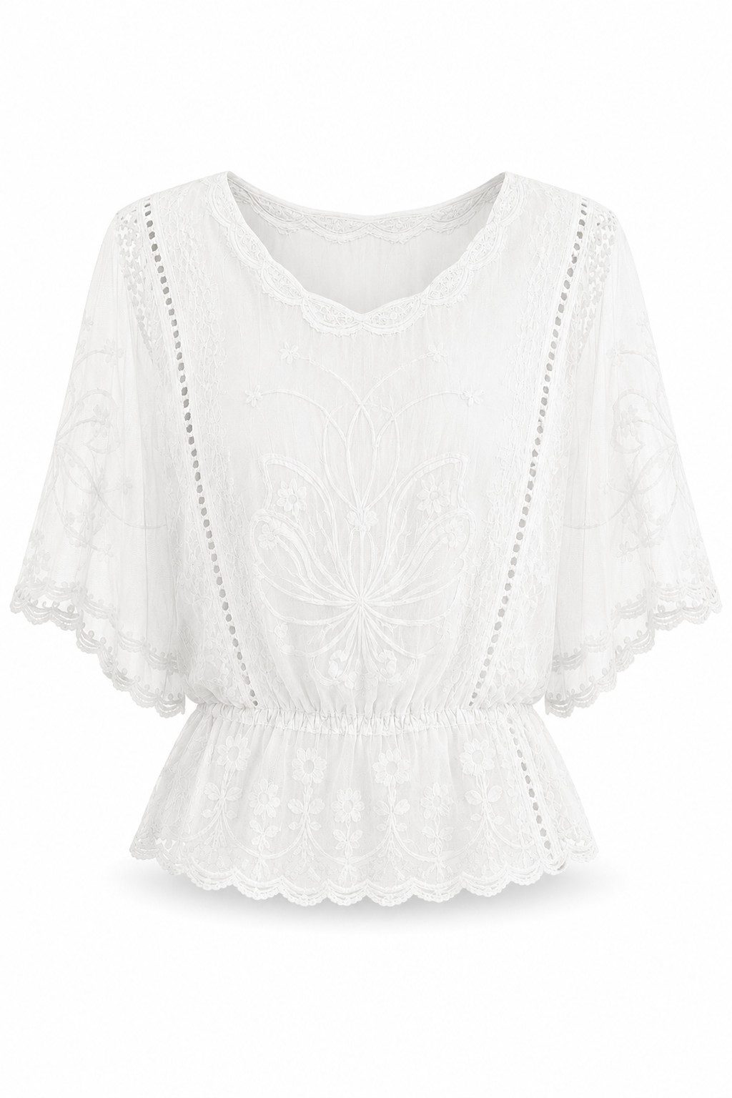 ITALY VIBES Spitzenbluse - Bluse - Häkelbluse mit Fledermausärmeln - Damenbluse ONE SIZE - passend für Größen XS - L