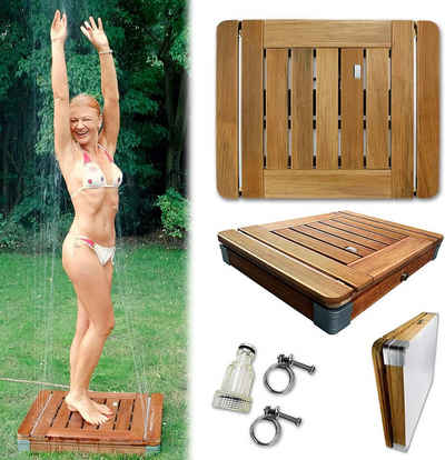 @tec Gartendusche Outdoor Dusche aus massivem Teak-Holz - Tritt-Mechanismus, Pool-Dusche, Sauna-Dusche, Aussendusche mit Bodenplatte, Jump-On-Shower