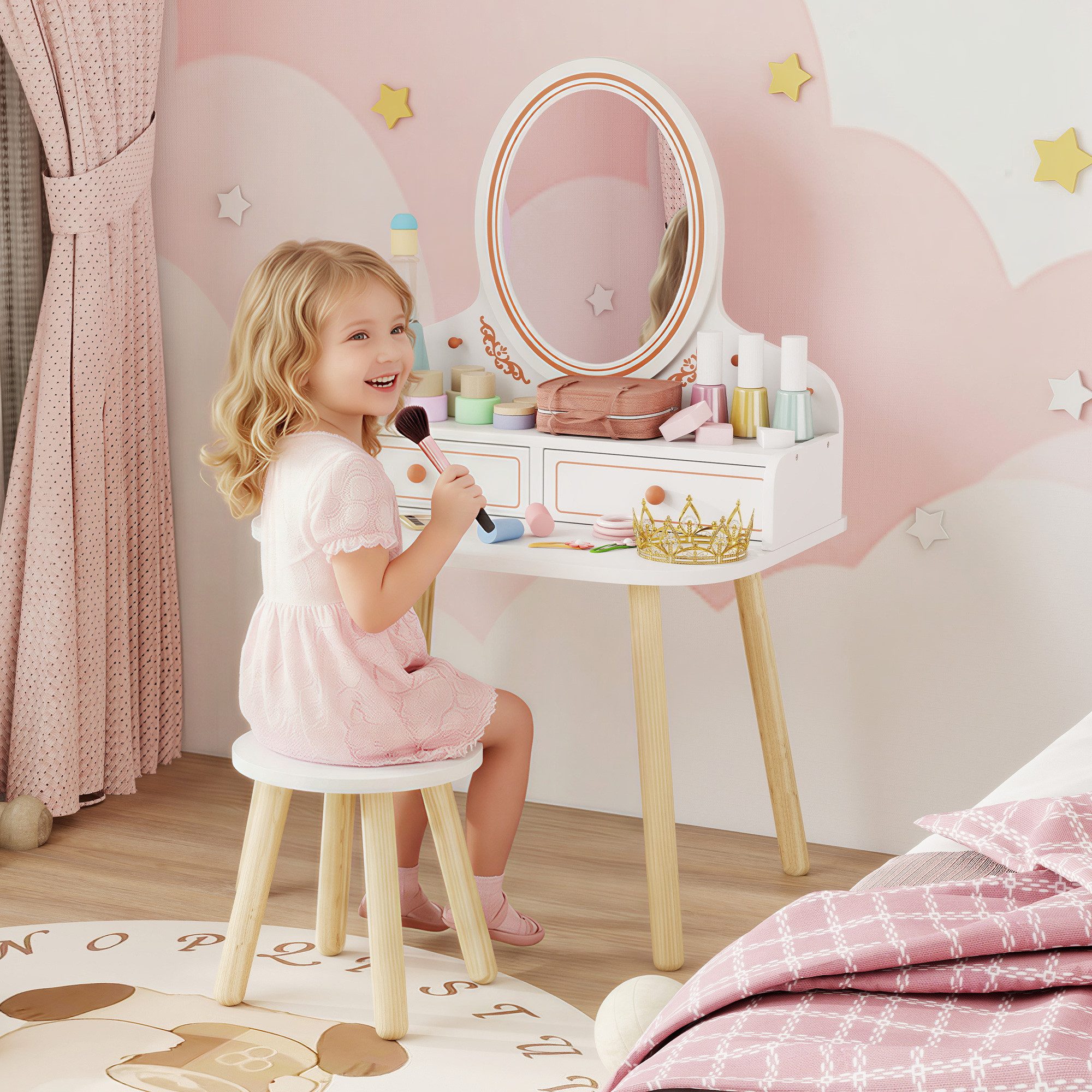 AIYAPLAY Schminktisch mit Spiegel Schubladen Kleiderstangen (Frisiertisch mit Hocker, 2-St., Make-up Tisch), für Mädchen 3-8 Jahre Weiß