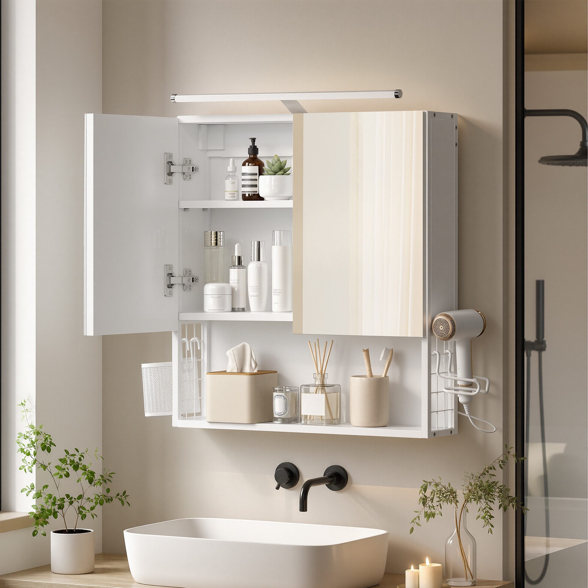 VASAGLE Spiegelschrank Badezimmerschrank, Badschrank, Wandschrank (mit LED-Beleuchtung) mit Stecker, Hängekorb, Haartrockner-Halter