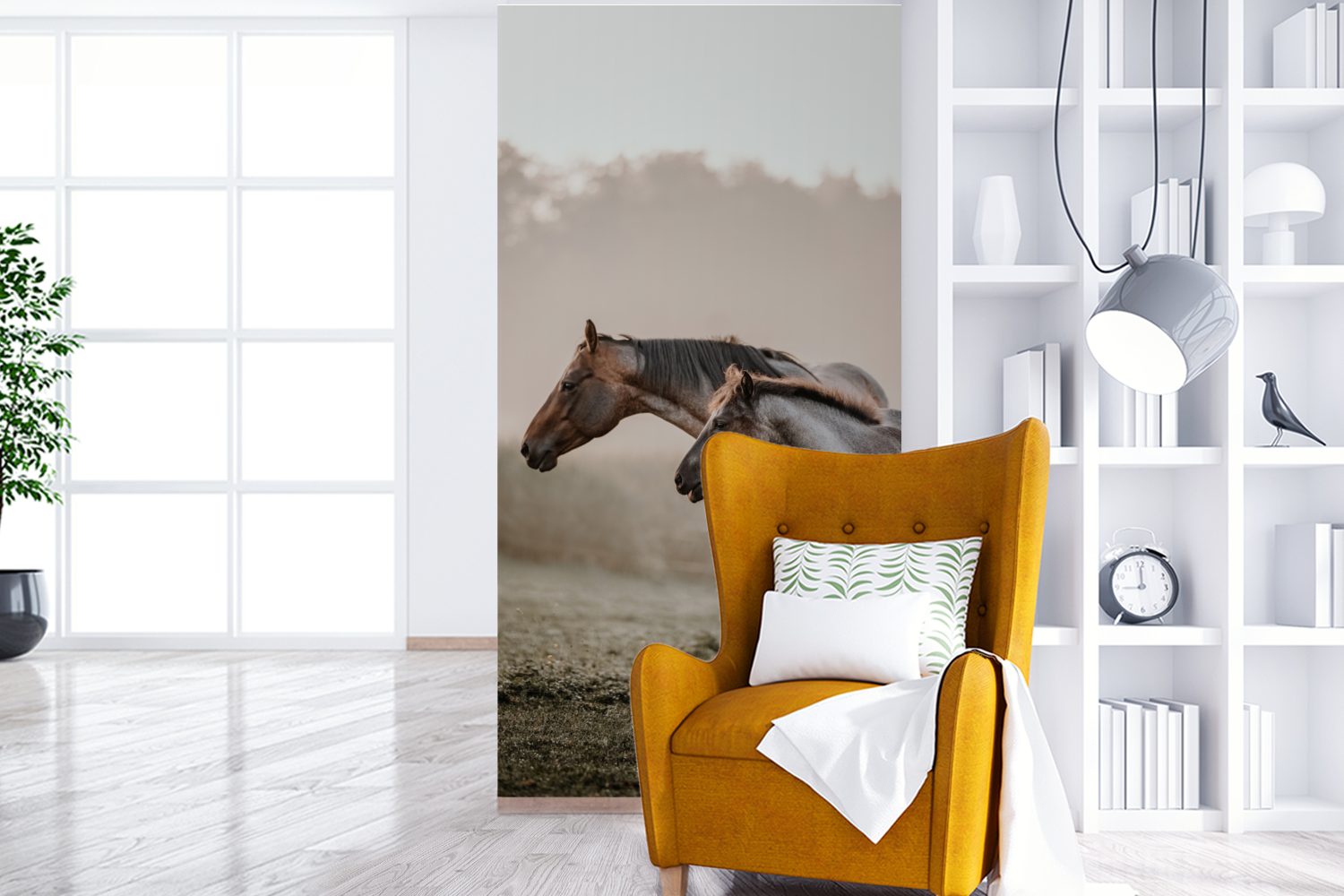 Pferde - bedruckt, Wohnzimmer Nebel - St), Schlafzimmer MuchoWow (2 Vliestapete Matt, Wiese, Küche, Fototapete Fototapete für