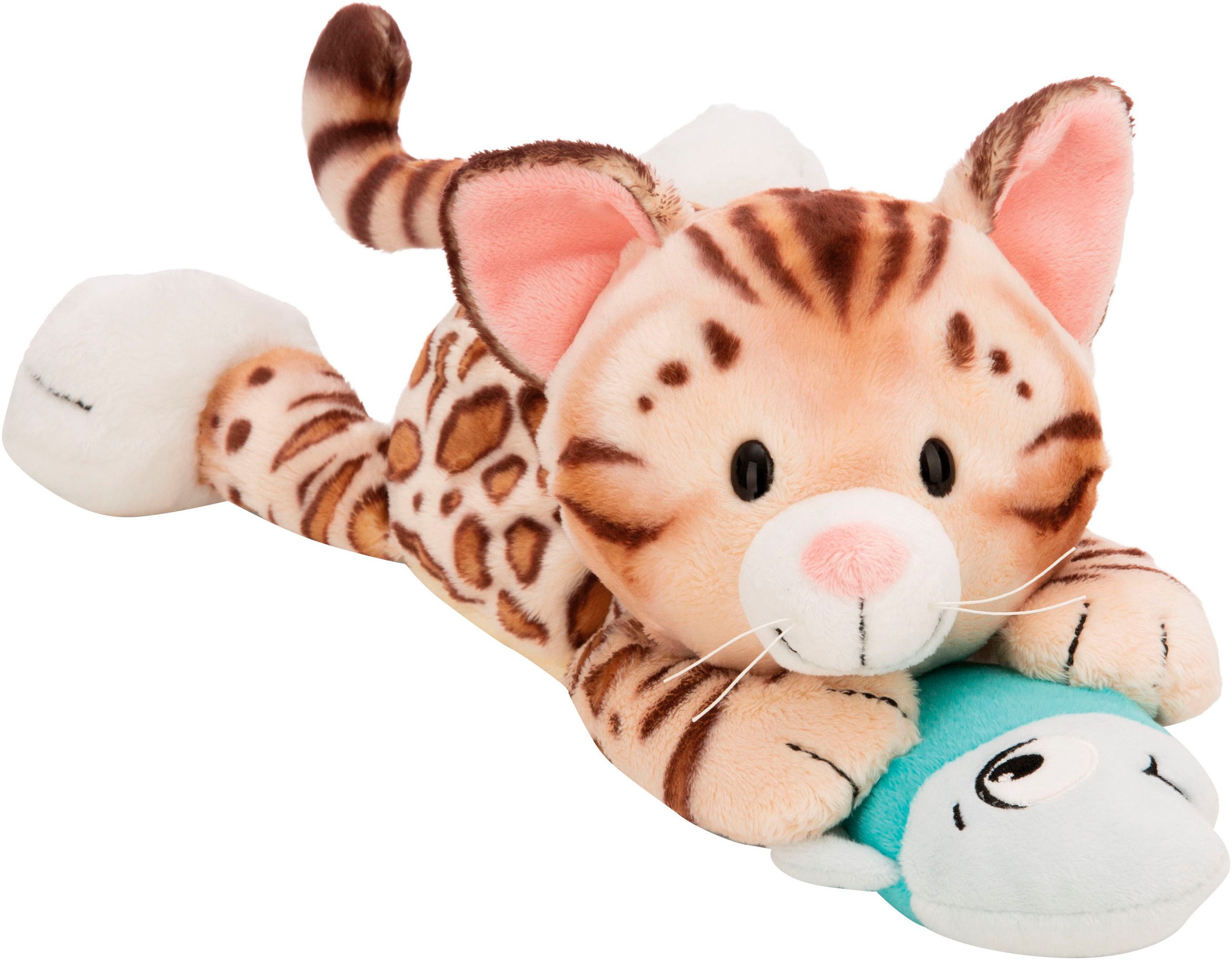 Nici Kuscheltier Homies GREEN, Katze Bengal & Fisch 30 cm liegend