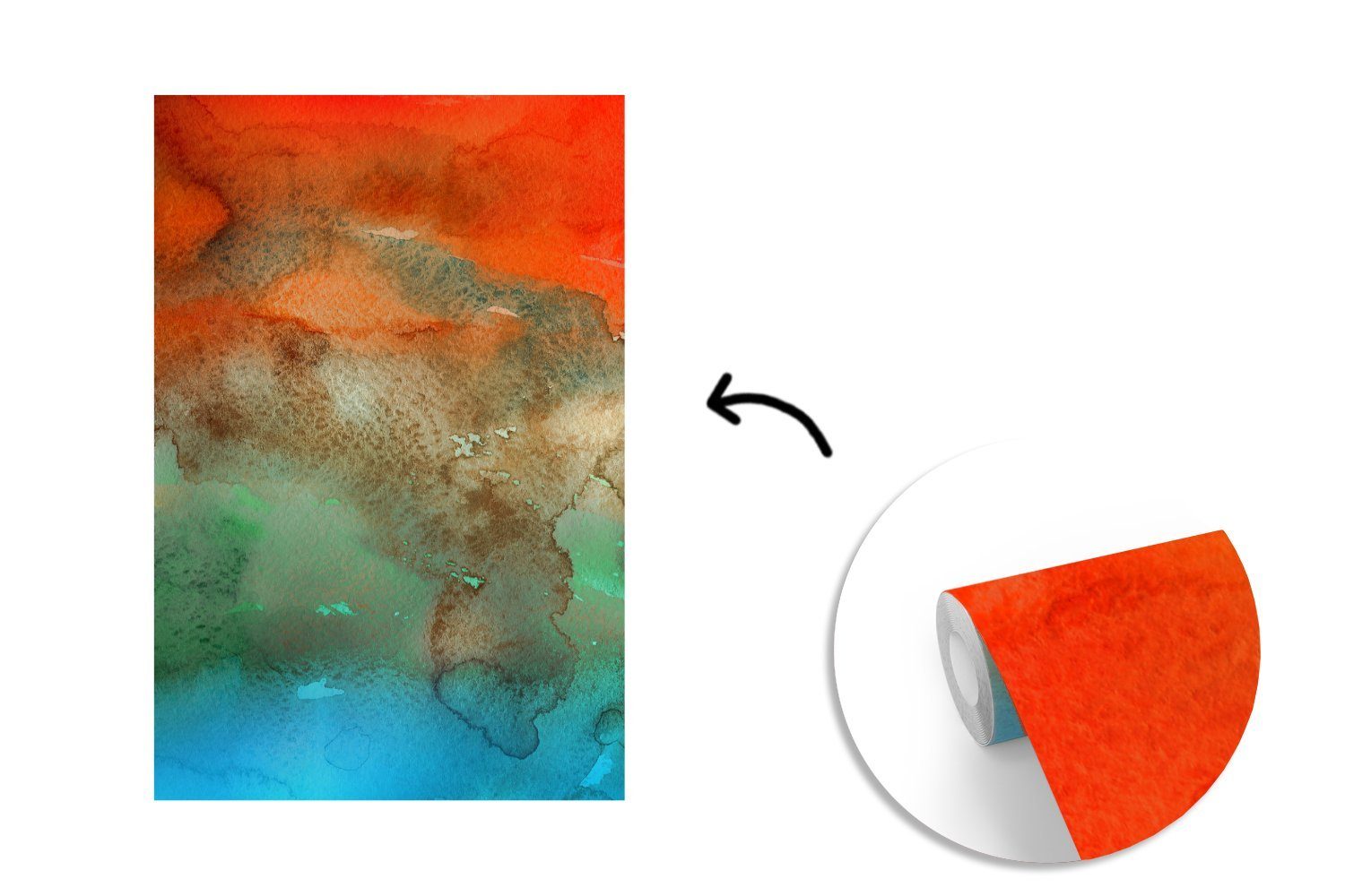 Montagefertig Vinyl St), Wasserfarben - Matt, bedruckt, Wandtapete Blau - - Orange Tapete (3 Fototapete Wohnzimmer, für Grün, MuchoWow