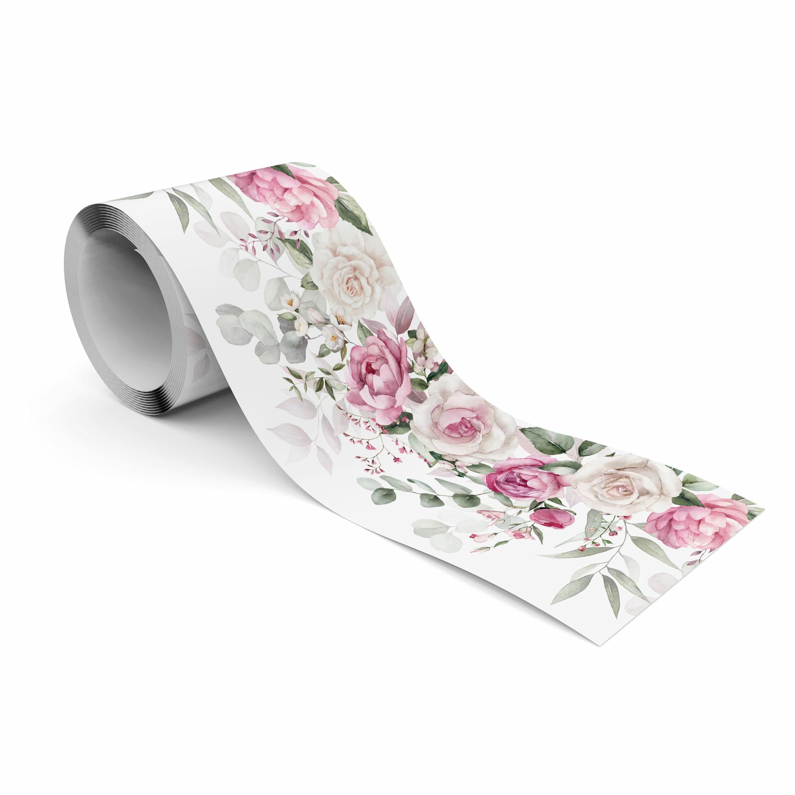 Muralo Bordüre Wandbordüre selbstklebend Blumen – Tapetenbordüre Wohnzimmer, floral, Aquarell-Rosen in Rosé mit Eukalyptus, 10 x 300 cm, abwischbar