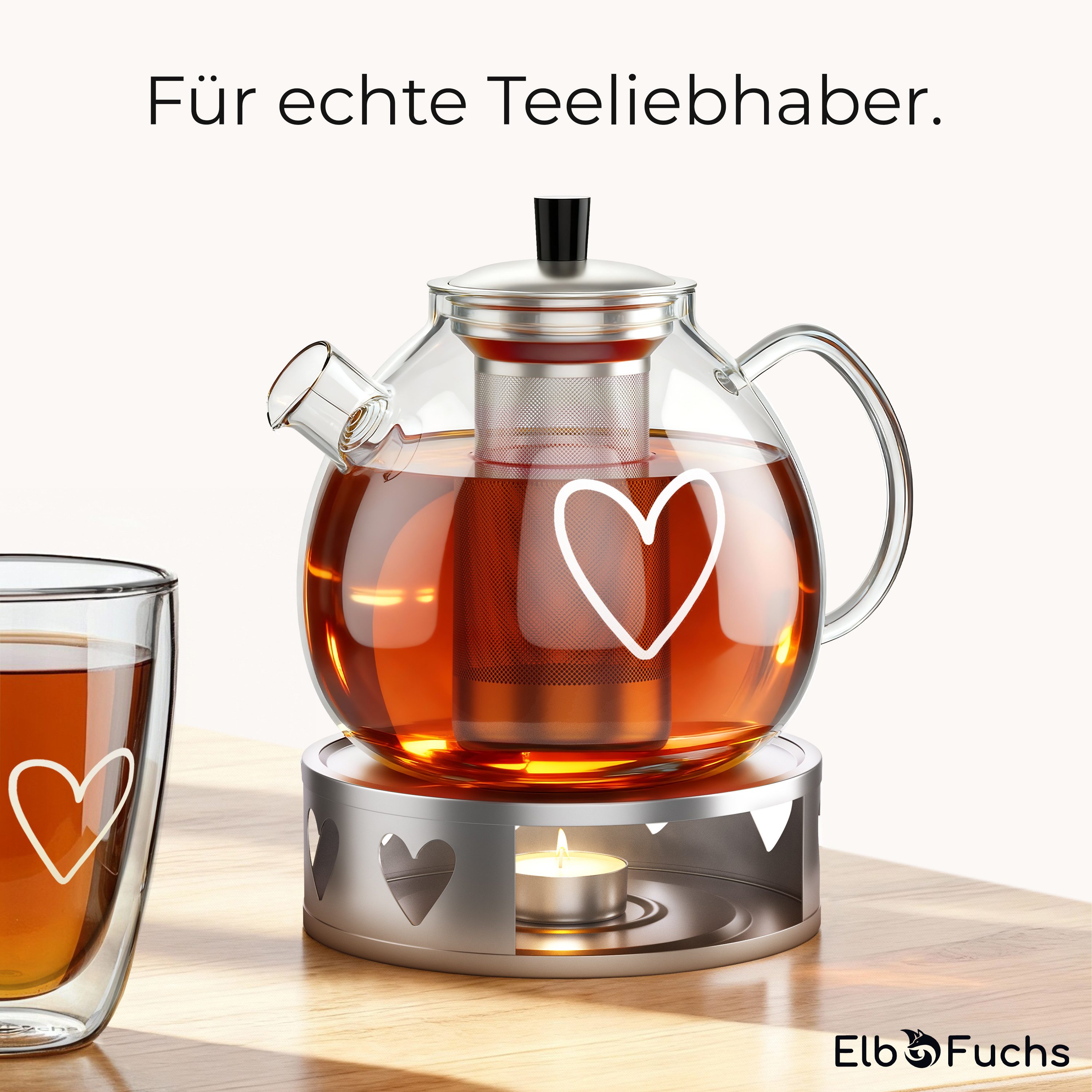 ElbFuchs Teekanne mit Siebeinsatz und Stövchen, 1,5 l, (Set), herausnehmbarer Edelstahl-Filter, tropffreier Ausguss