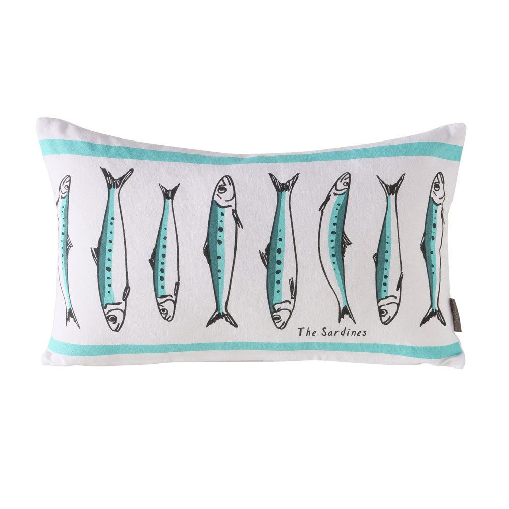 BOLTZE Dekokissen Kissen SARDINE türkis weiß 50x30cm maritimes Dekokissen mit Fischen Be