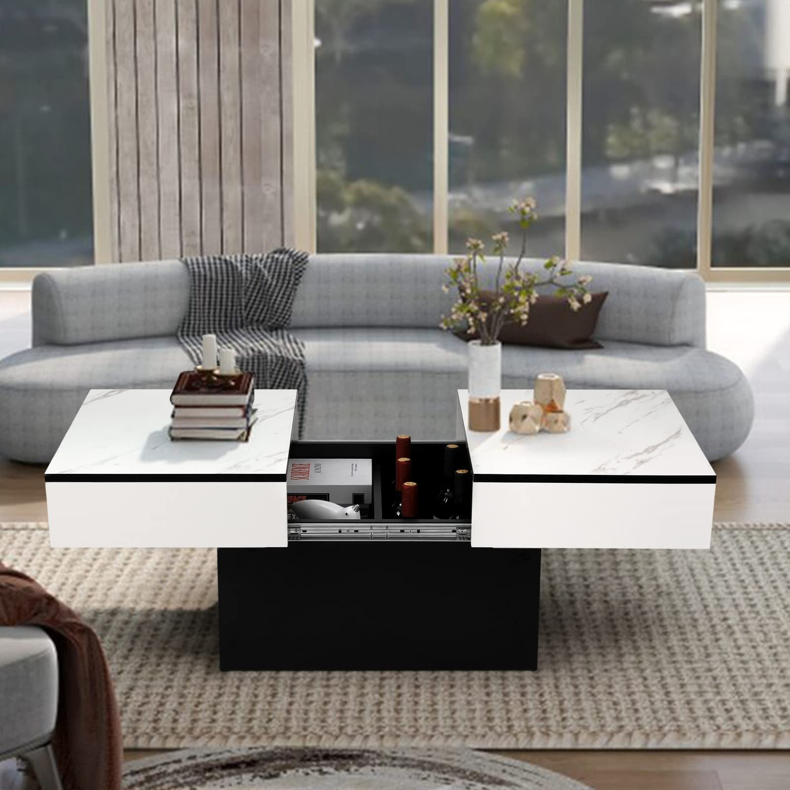 VOWNER Couchtisch Hochglanz-Sofatisch mit 2 Stauräumen, Beistelltisch, Wohnzimmertisch, mit Schiebefunktion, modern und ausziehbar