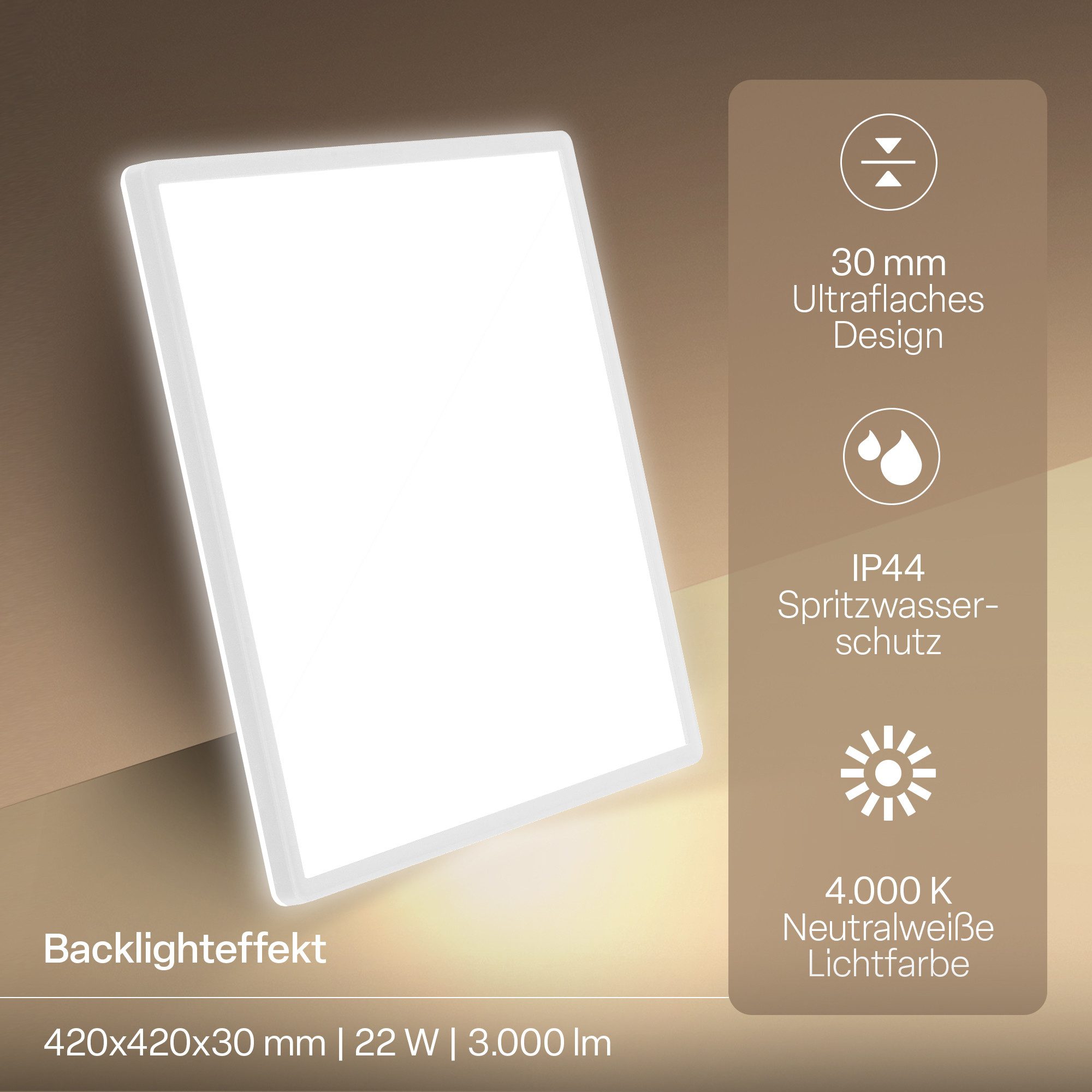 B.K.Licht LED Deckenleuchte Panel Flach 30mm Backlight Effekt LED Deckenlampe Wohnzimmer, LED fest integriert, 4000K - Neutralweiß, versch. Größen & Farben, Badezimmer, Küche, Wohnzimmer, Kinderzimmer