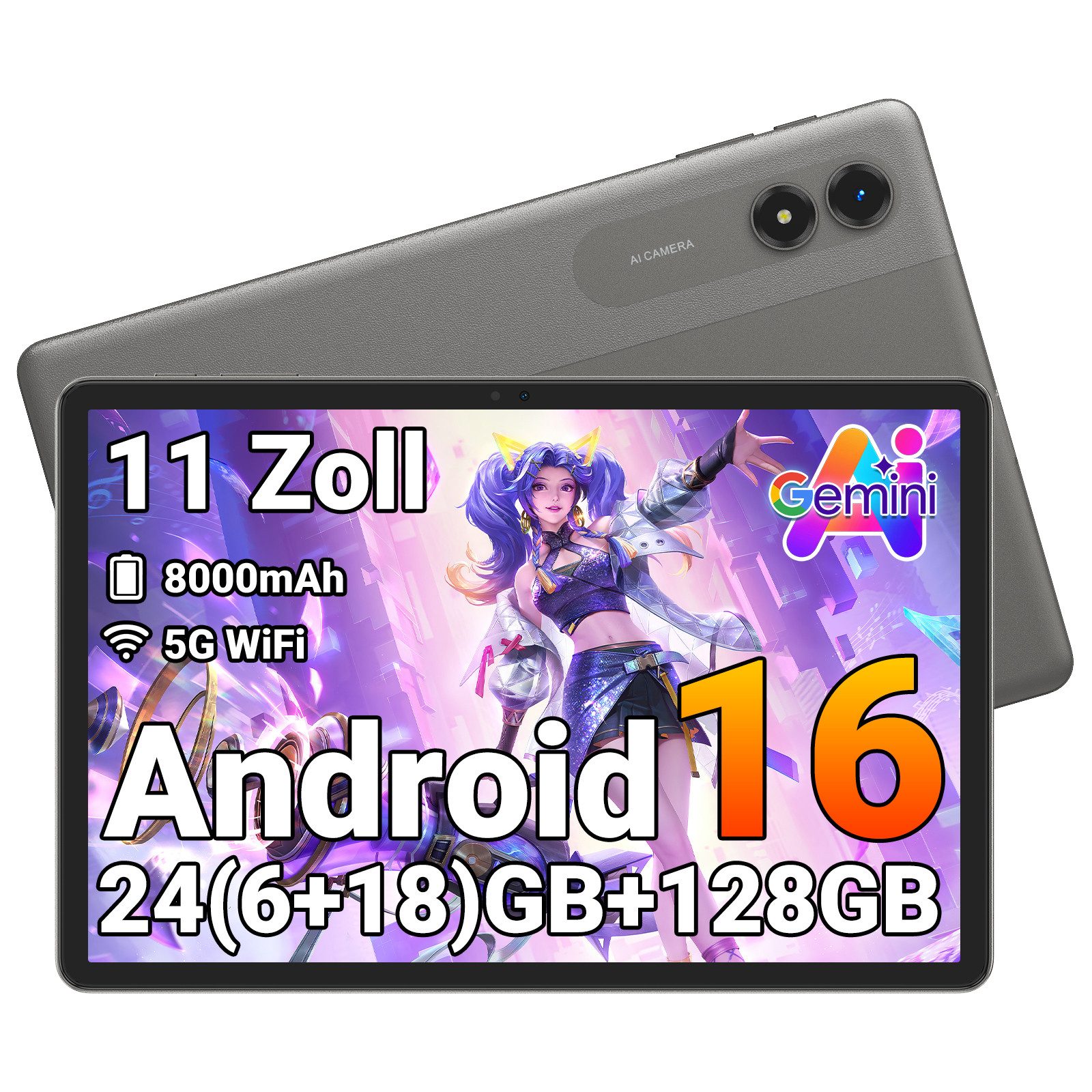 VekfulPC 11" T5 90 Hz Android 16 128 GB 8000 mAh Akku 5G WiFi Tablet (11", 128 GB, Android16, Android 16, Gemini Al Magic, 8000 mAh, 5G WiFi)