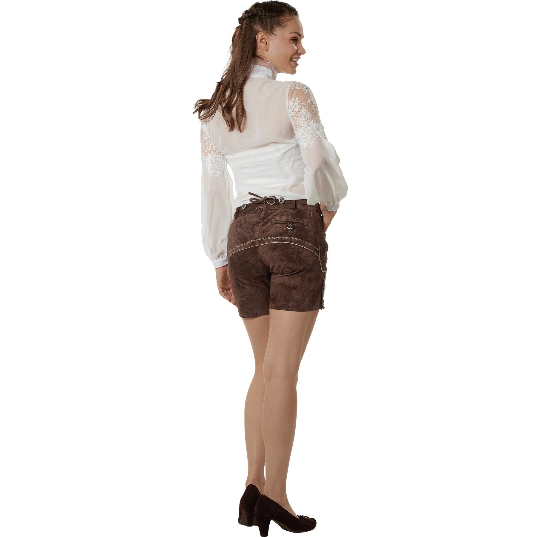 dressforfun Trachtenhose Feminine, figurbetonte und bequeme Lederhose für Damen mit (Damenhose Jessie, für Volksfeste in Dunkelbraun) Edles Spaltleder vom Rind, – Bild 5 von 5