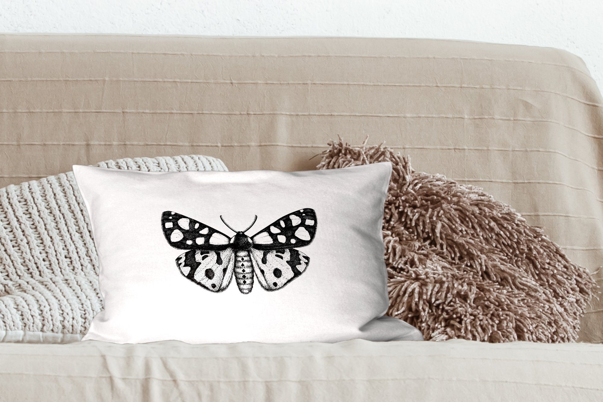 Füllung, Wohzimmer Dekokissen Vintage Dekoration, MuchoWow Zierkissen, - Schwarz und mit weiß, Schlafzimmer Dekokissen - Schmetterling