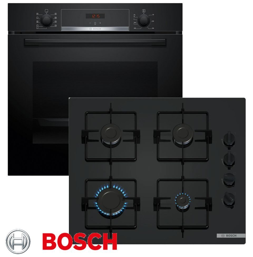 BOSCH Gasherd-Set Einbau Autark Backofen Schwarz + GAS Glas Kochfeld, mit 1-fach-Teleskopauszug
