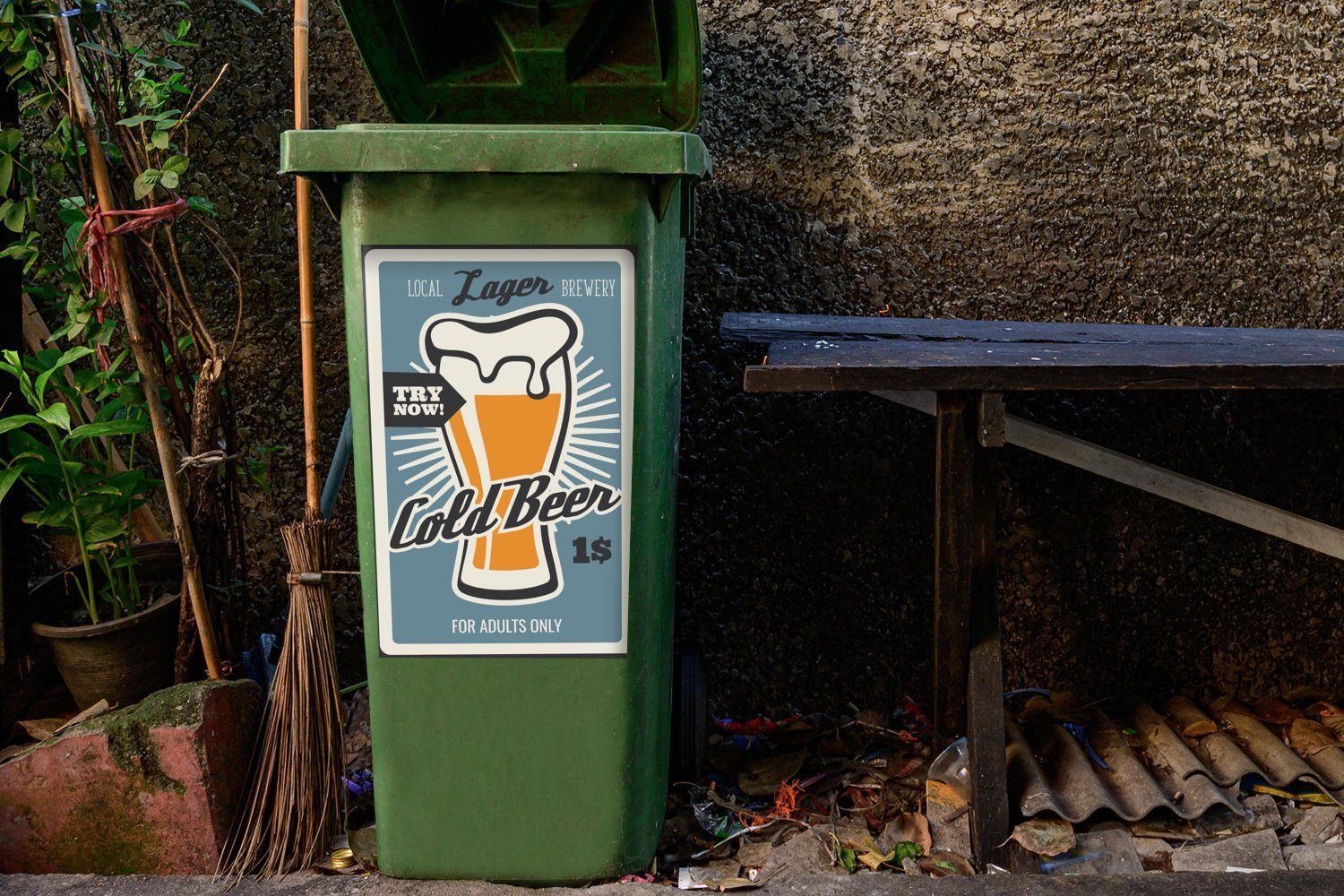 (1 Bier Wandsticker Mülltonne, Container, - Bier St), MuchoWow Mülleimer-aufkleber, - Vintage Sticker, - Abfalbehälter Mancave Kaltes