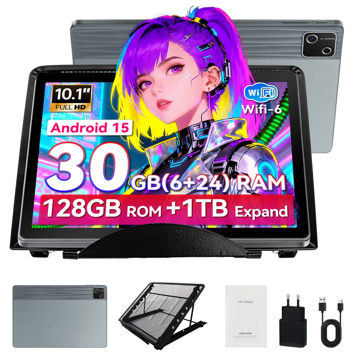 BUFO 10’’ Android 15, Octa Core 30(6+24)GB RAM+128GB, HD 1280x800, 6200mAh Tablet (10", 128 GB, Android, 2,4G/5G WiFi, 128GB bis zu 1TB, Gesichtsentsperrung, Dual Kamera)
