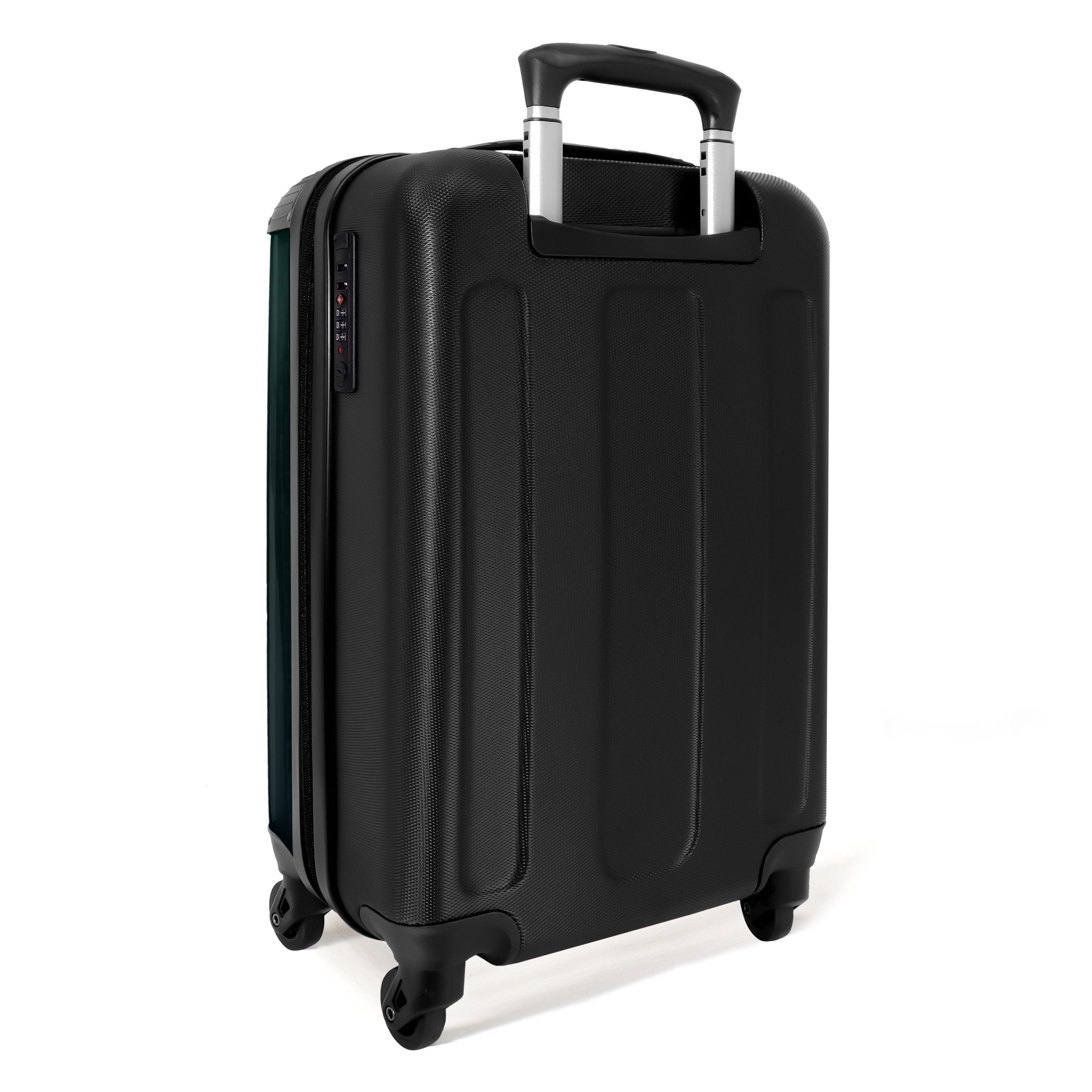 NoBoringSuitcases.com© Kinderkoffer Silhouette eines Fußballspielers in Grün und Blau 55x35x20cm, 4 Rollen, Handgepäck Koffer, Hartschalenkoffer Kinder, Reisekoffer Jungen