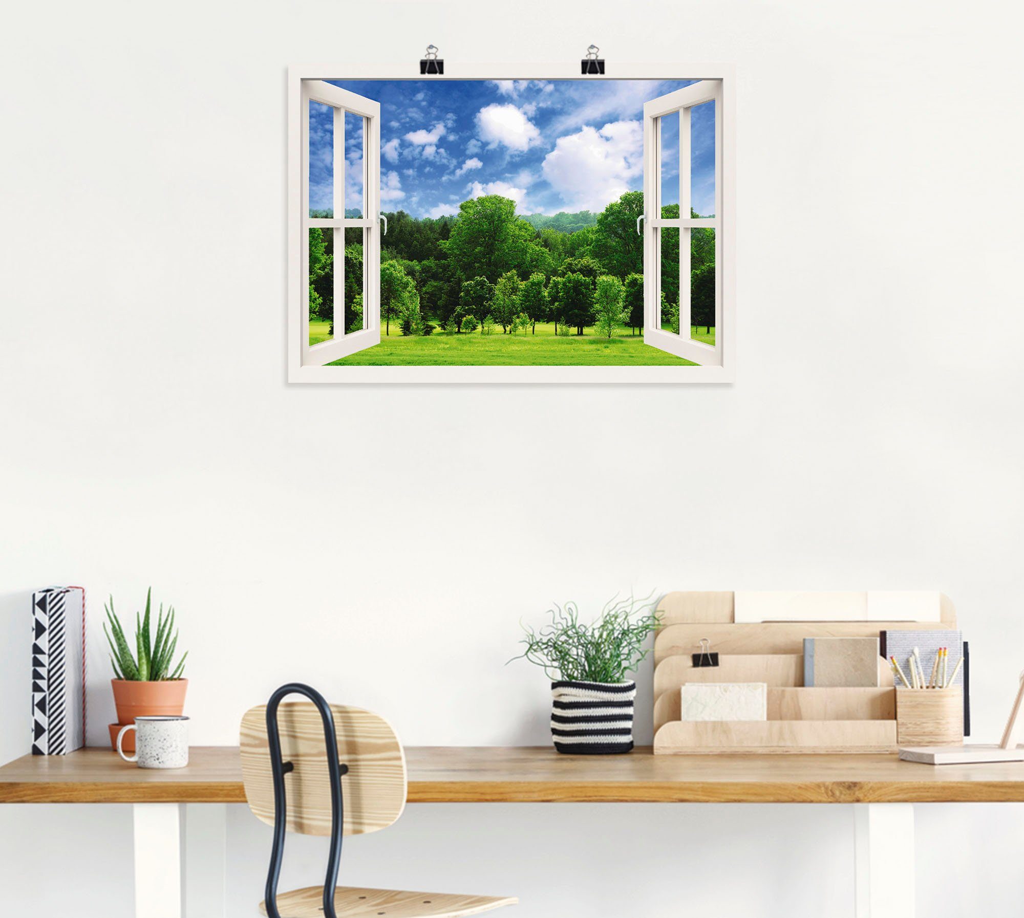 St), versch. Fensterblick Wandbild oder Artland Wald, Größen Wandaufkleber (1 Poster Leinwandbild, - Fensterblick Grüner als in