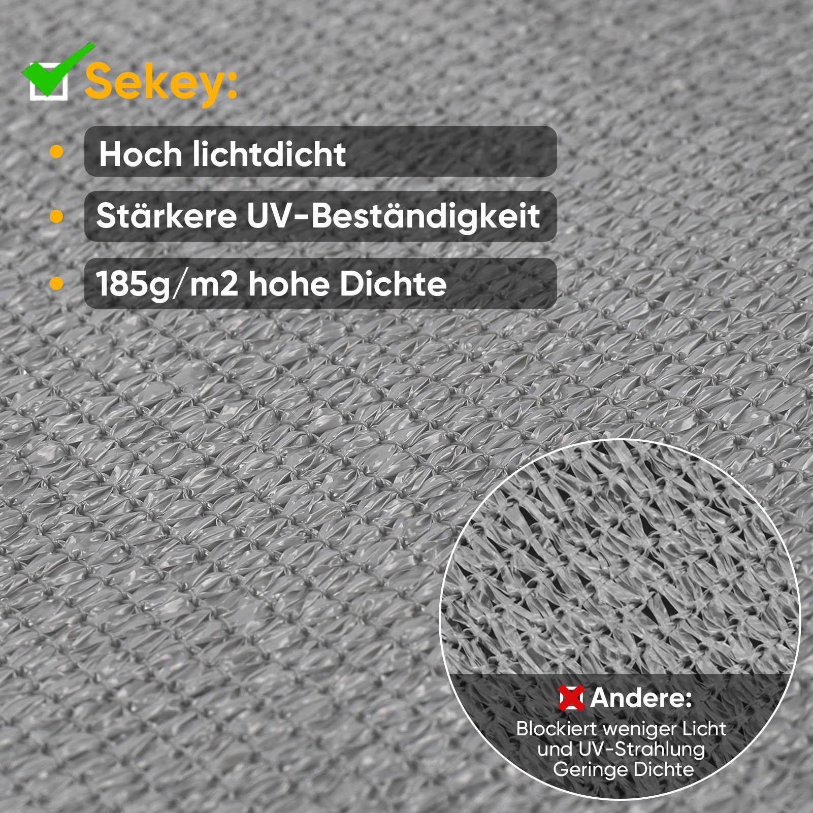 Sekey Sonnensegel Sonnensegel HDPE Hellgrau Balkonbespannung Dreieckig Kit mit