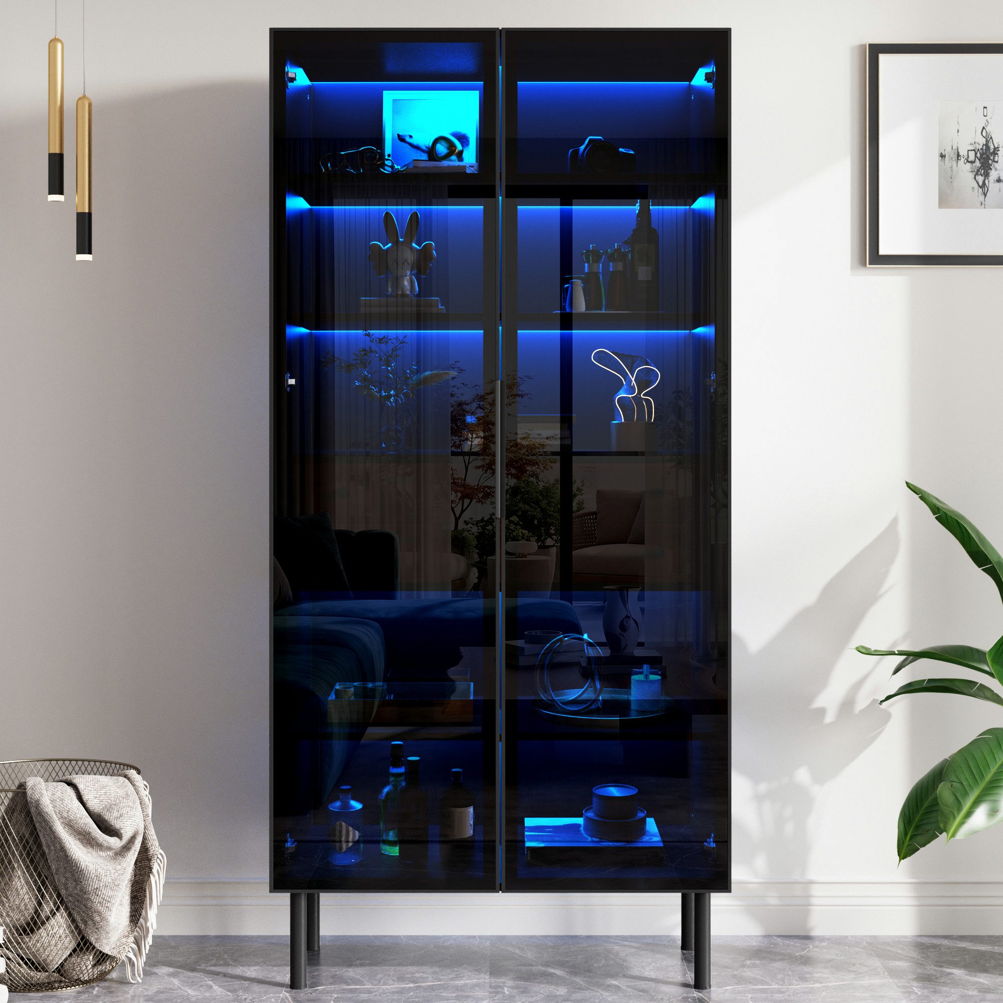 Merax Vitrine mit LED-Beleuchtung, Aufbewahrungsschrank Hochschrank (70 L x 36 B x 170 H cm, 1-St) Standvitrine mit 2 Schubladen, Innenregalen und Glasfront